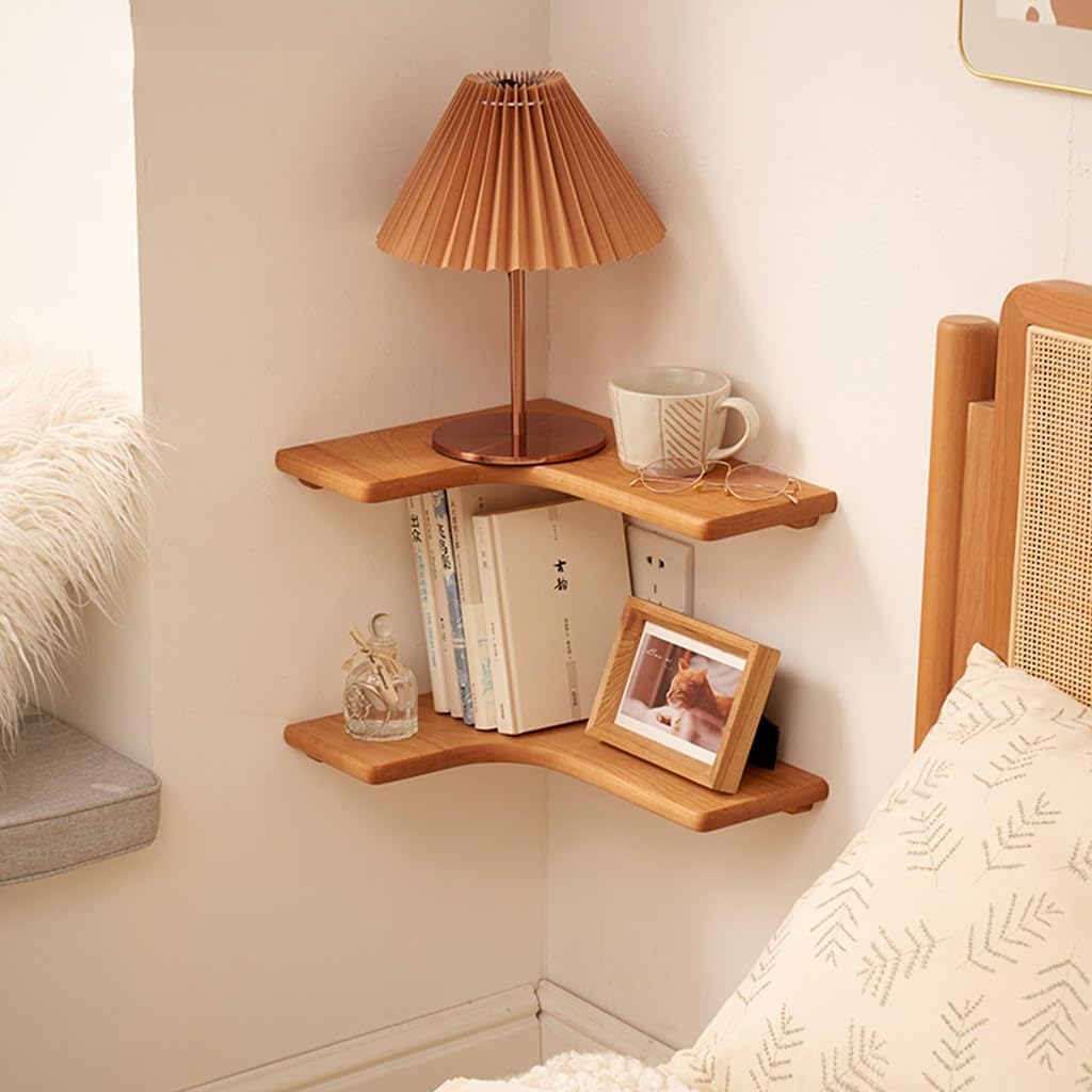 YCKEGEW Wooden Corner Shelves on The Desktop,Corner Floating Shelves, L-Style Storage Display Shelves Wall Mount Bookcase Easy Assemble,for Living Room Bedroom Kitchen(Type B,2 Tier)