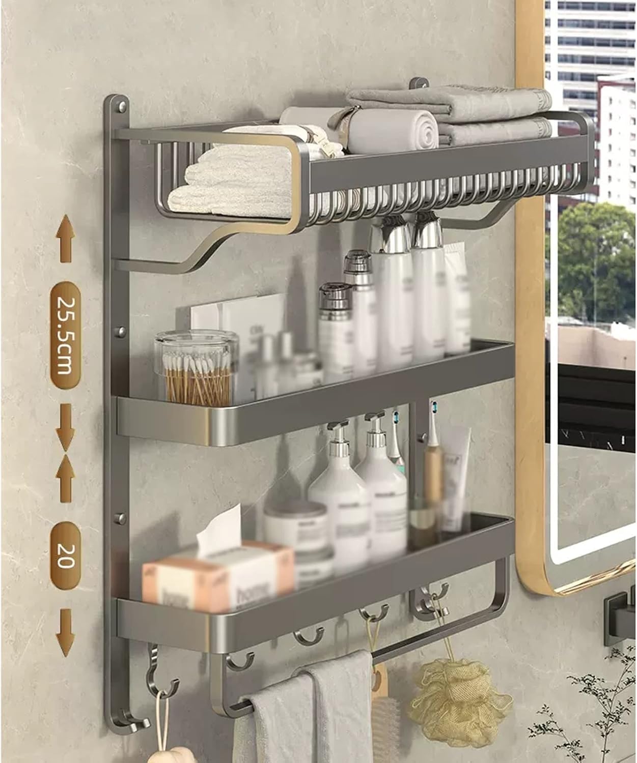 Bathroom Shelf 3 Tier Bathroom Wall Shelf with Towel Bar and Hooks, Multifunction Towel Rack Shower Shelve Bathroom Shelf, Space Saving Wall Mount Towel Shelf, Grey Bathroom Wall Shelves ( Size : L37c