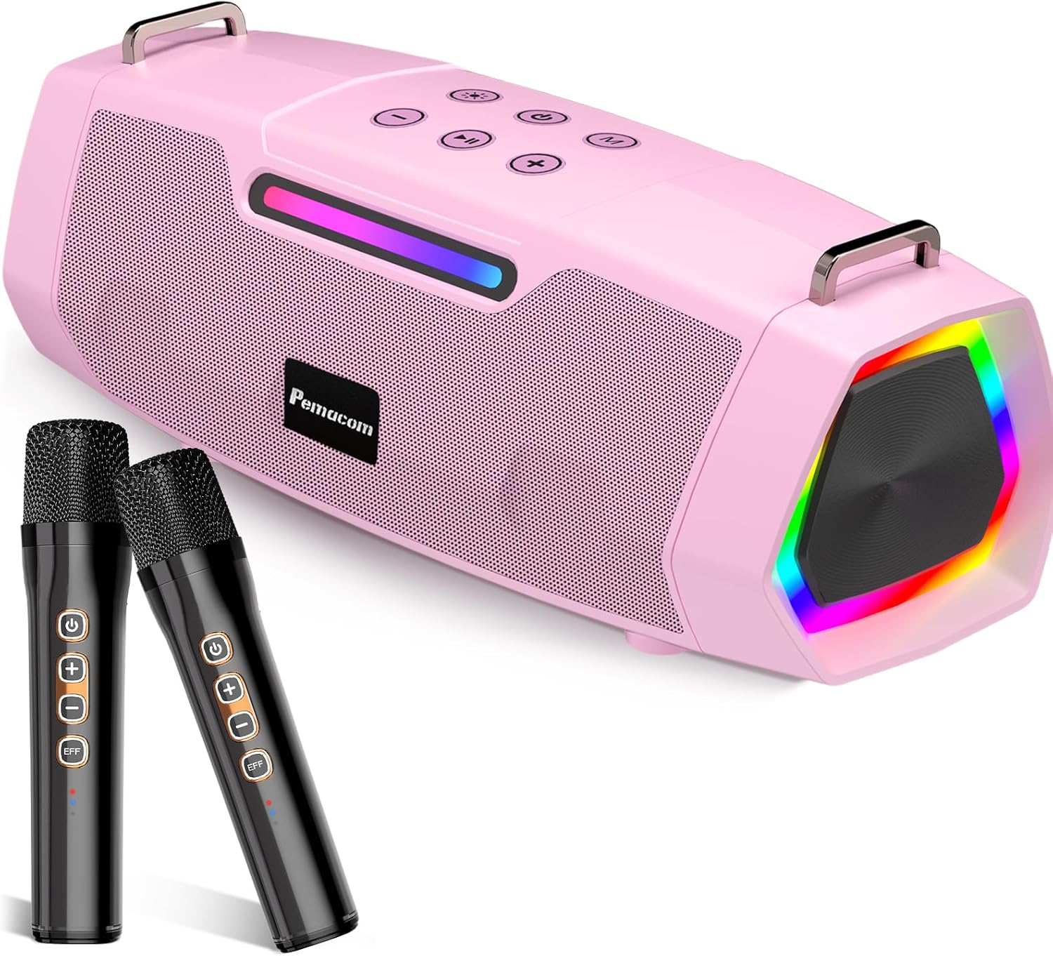 Karaoke Machine with Two Wireless Microphones - Portable 60W Powerful Bluetooth Speaker, Long Battery Life for Outdoor & Family Party, RGB Lights, PA System for Girls, Young Women - Pink