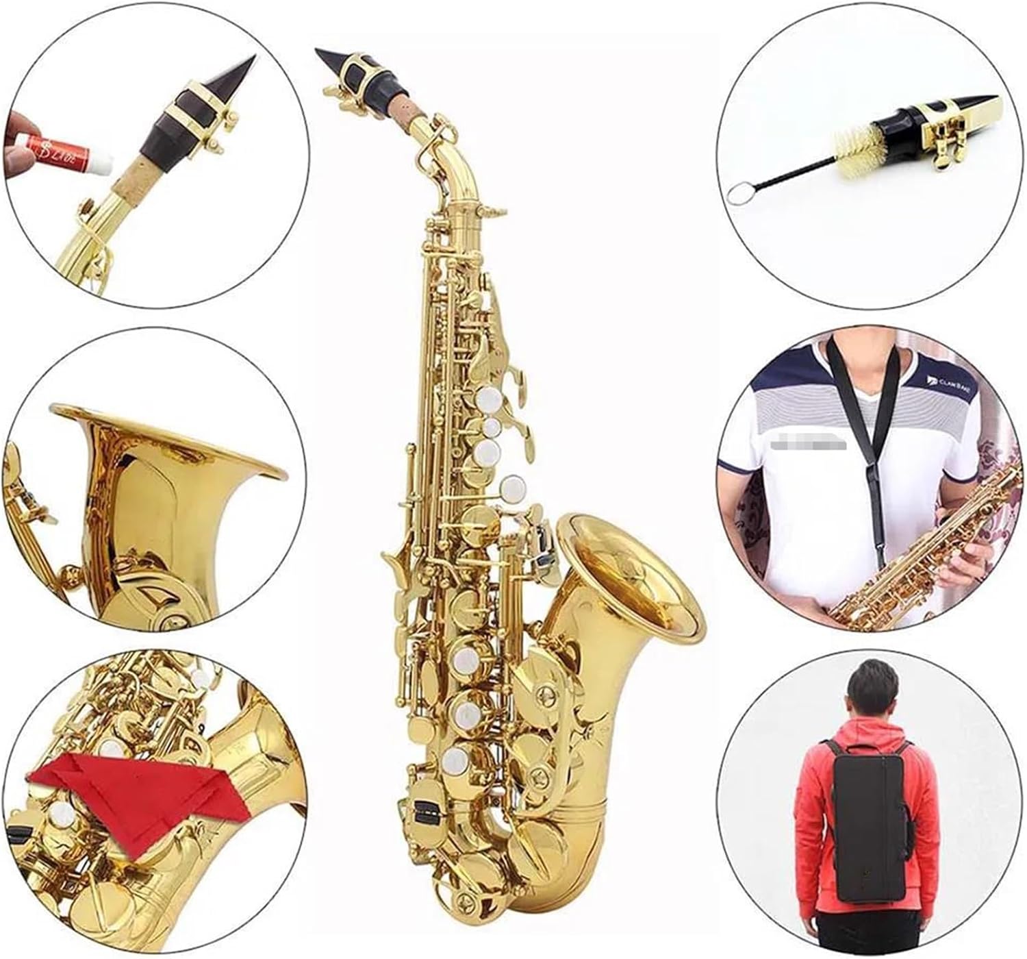 Treble Saxophone Brass Golden Carve Pattern Sax Buttons Mouthpiece Reeds Neck Wind Instrument Accessories (Color : Gold Silver)