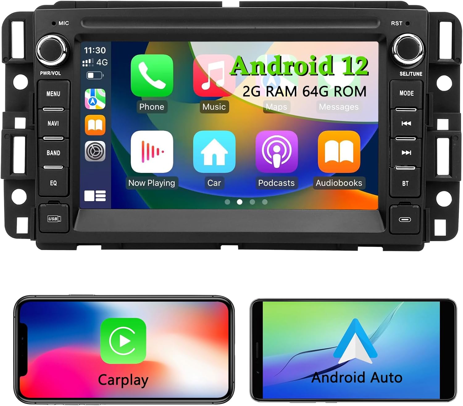 Car Stereo Radio for Chevrolet Chevy Silverado Tahoe GMC Sierra Yukon, Android 12 with CarPlay Android Auto Bluetooth GPS Navigation Touch Screen Head Unit, 7 Inch IPS Screen 2GB RAM+ 64GB ROM