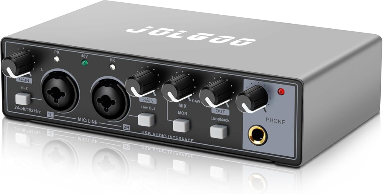 USB Audio Interface, 24-Bit/192kHz Plug & Play Sound Card for Recording – XLR/Line In, Headphone Out, Low Latency, Compatible with PC, Mac, Smartphone