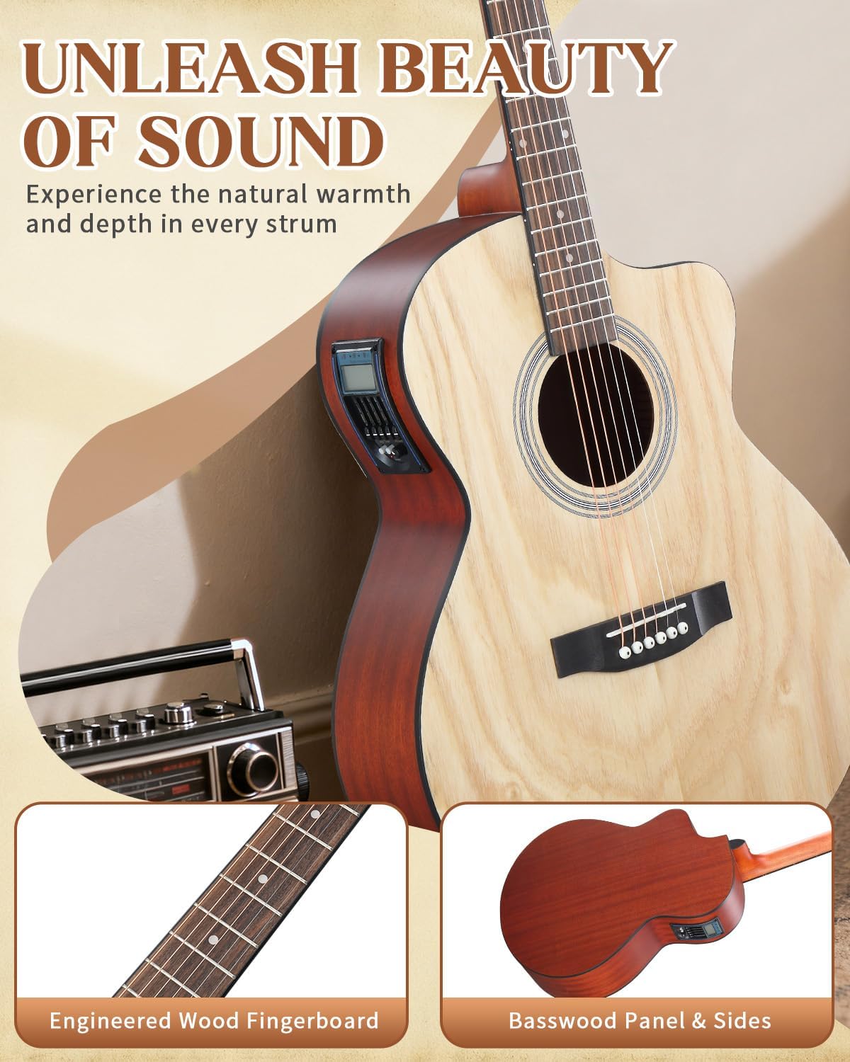 Ktaxon 41 Inch Cutaway Acoustic Electric Guitar, Full Size Manchurian Ash Body Beginner Guitars Kit with 15W Amp, Extra Strings & Capo Includes All Accessories (Natural)