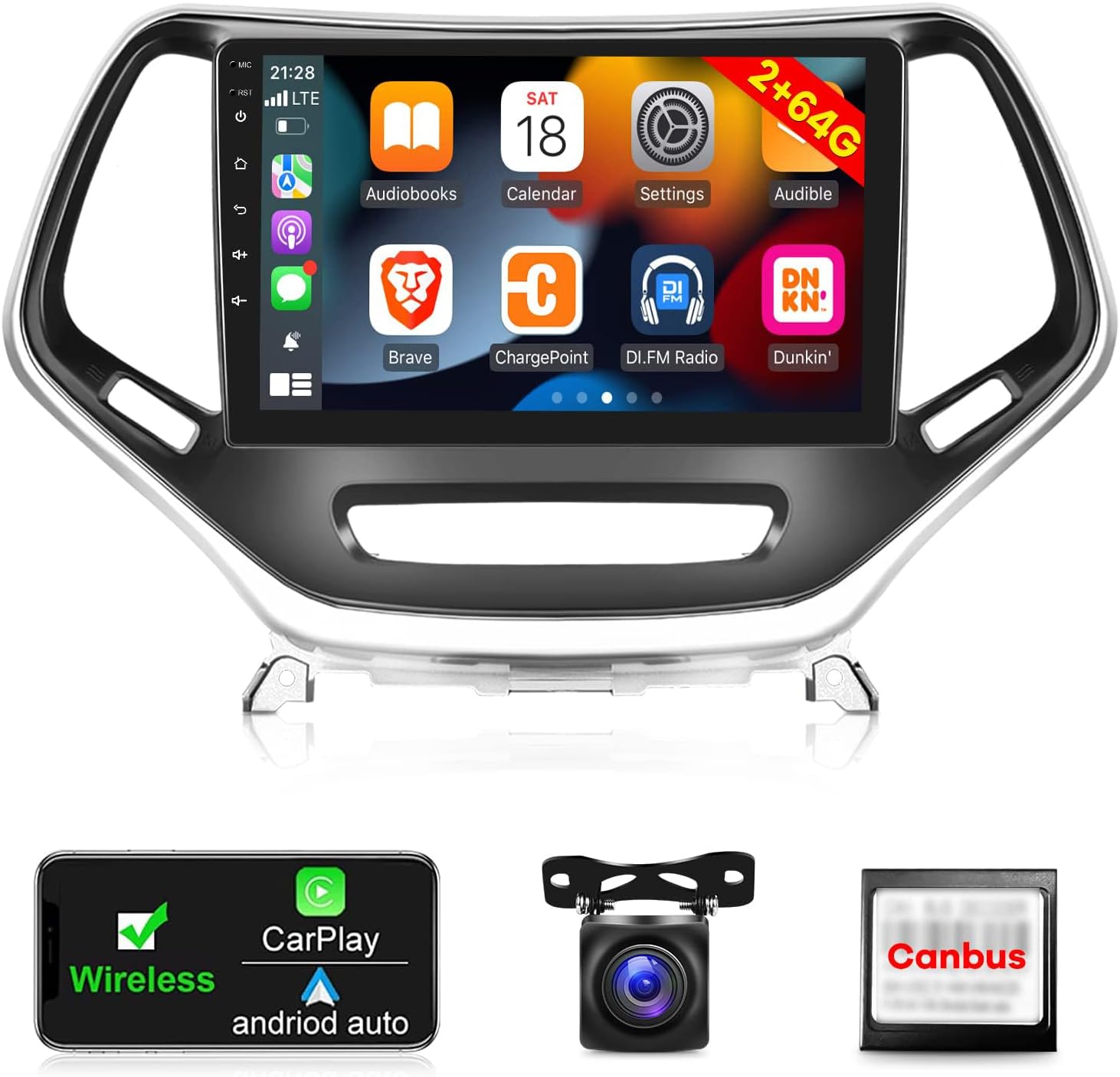 [2G+64G] Android 13 Car Radio for Jeep Cherokee 2013-2018, 10.1 inch Touch Screen Car Stereo, Carplay/Android Auto/Hi-Fi Audio/1080P/SWC/Bluetooth + AHD Backup Camera + MIC