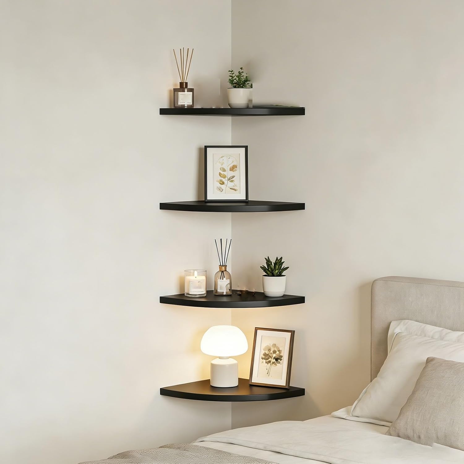 Set of 4 Floating Corner Shelves-Round End,Wall Mounted Shelves for Bathroom,Bedroom Kitchen-Versatile for Room Decor and Display(Black,22cm)