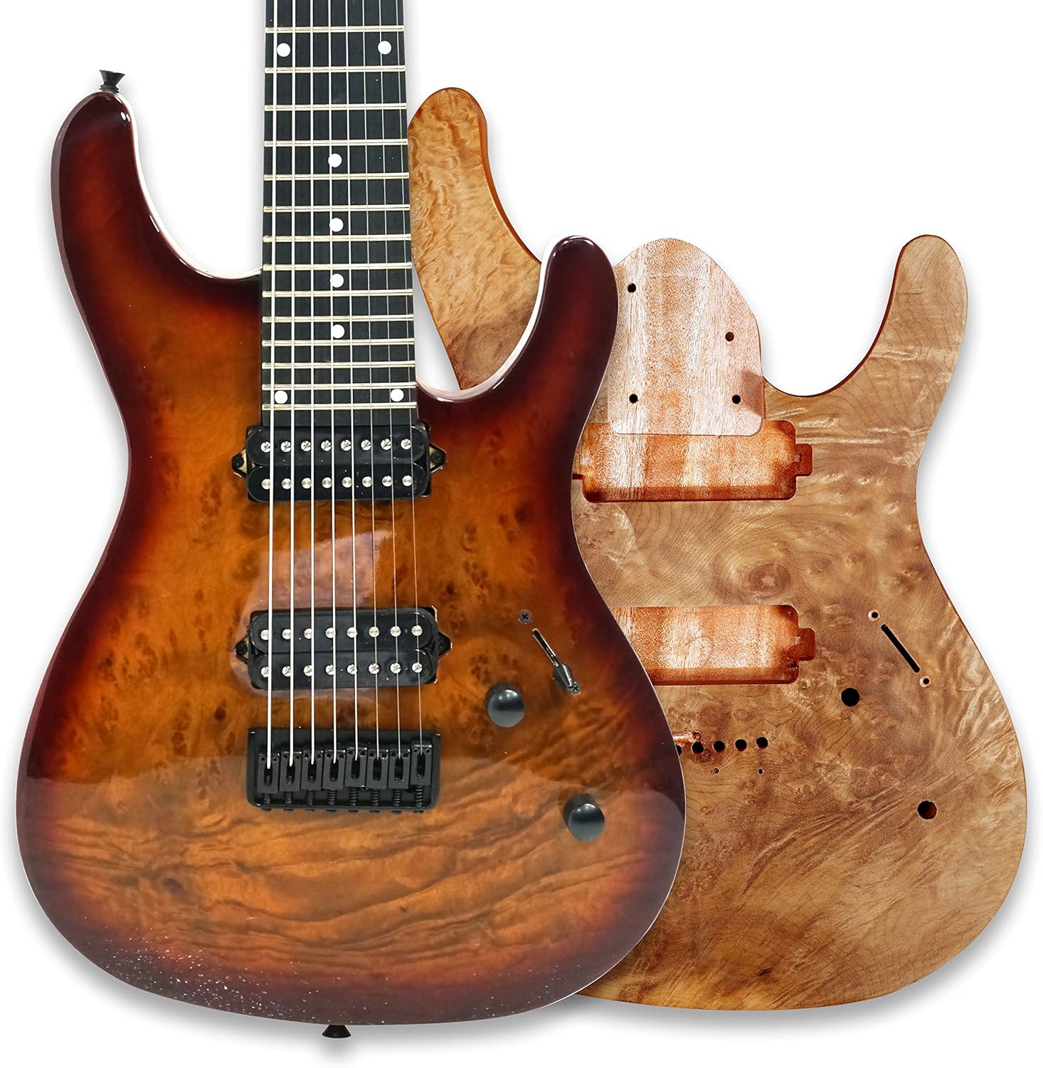 BexGears DIY 8 String Electric Guitar Kits Burl poplar veener top okoume Body maple neck & composite ebony fingerboard You Build The Guitar