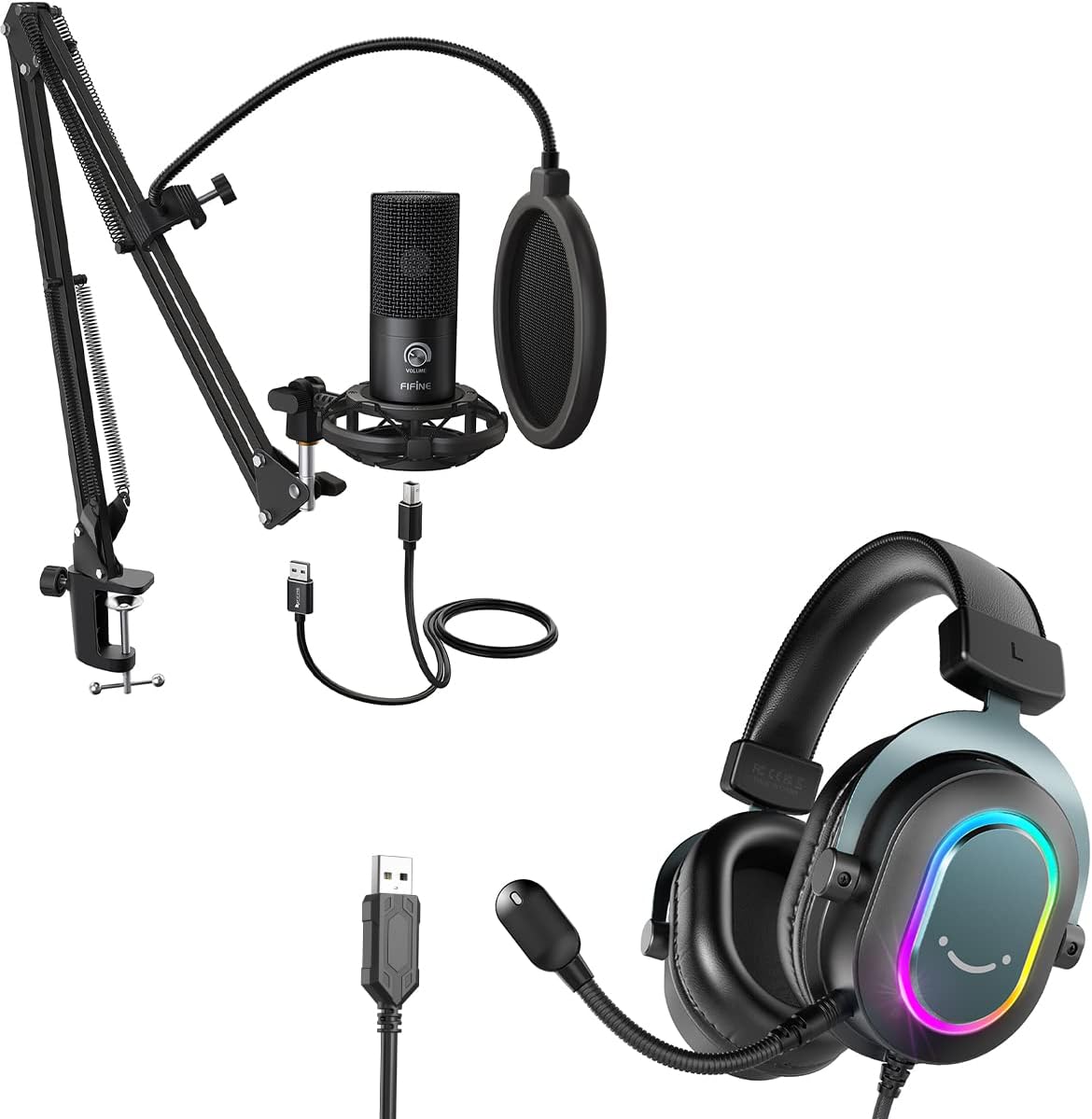 FIFINE Studio Condenser Microphone USB PC Recording Microphone for Voice-Over, Podcast, Vocal - 7.1 Surround Sound RGB Headset for Laptop (T669+H6)