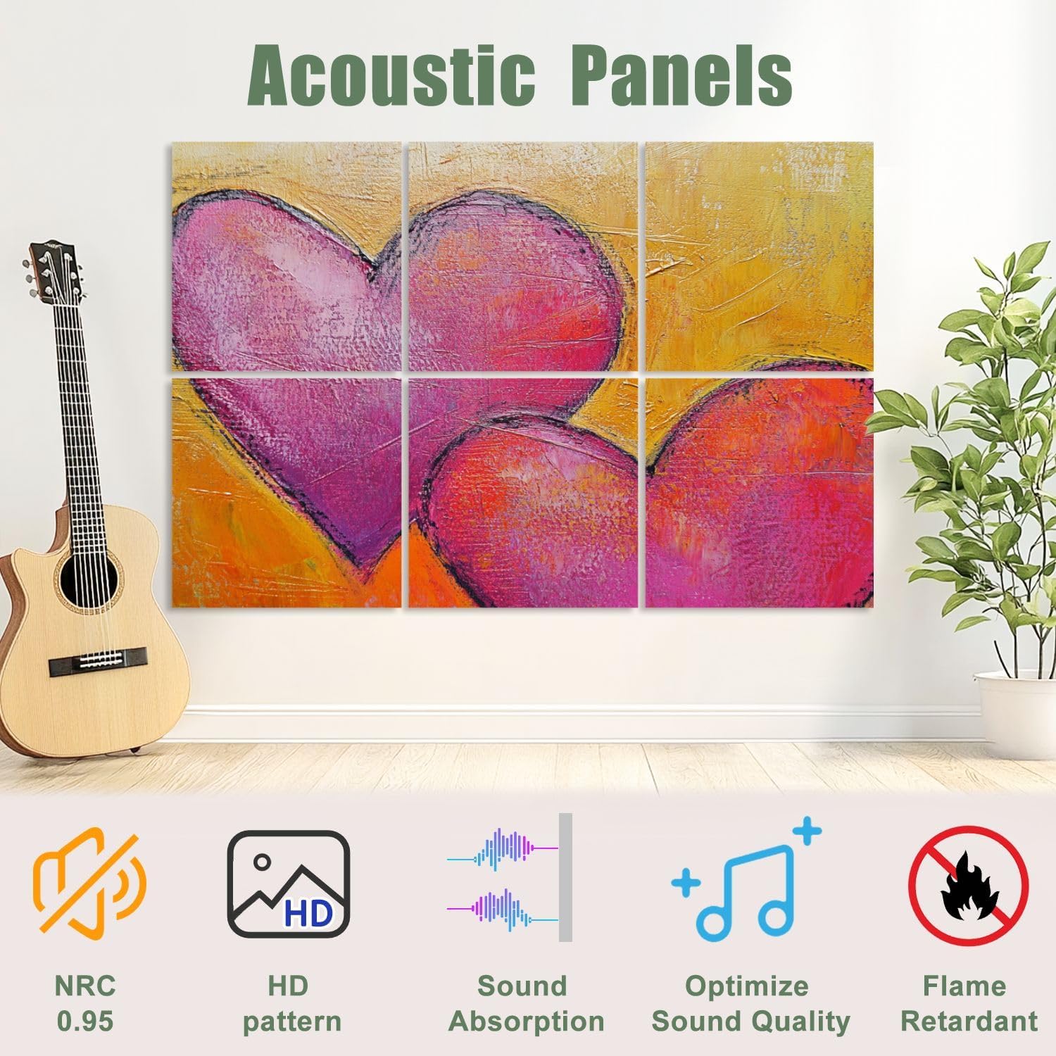 6 Pack Art Acoustic Panels Sound Absorbing Abstract Colorful Textural Heart Pink Orange Textured Surface Bold Decorative Soundproof Wall Panels Self Adhesive for Recording Studios Office 72