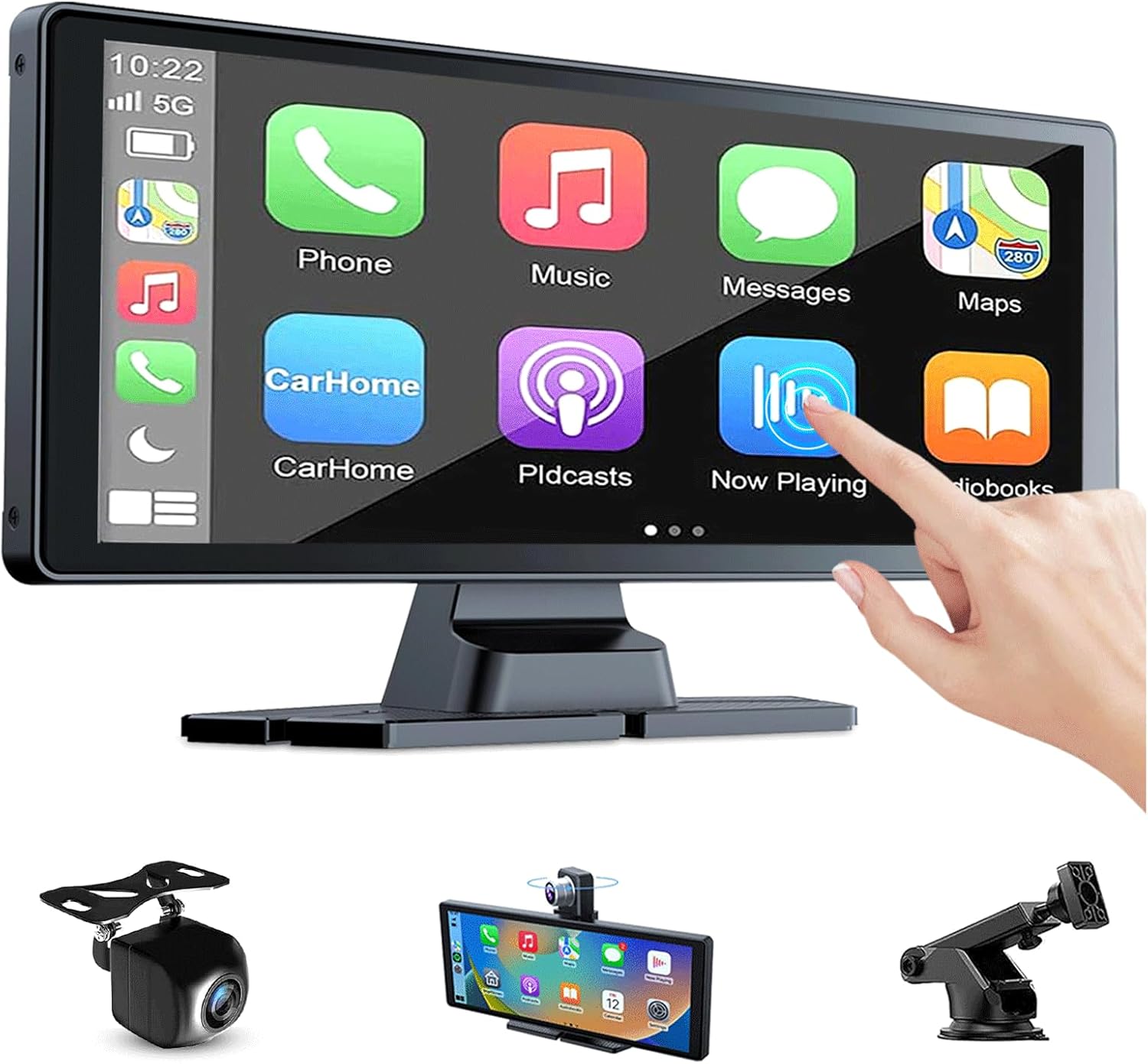 Portable Apple Carplay Screen for Car, 10’’HD Carplay Screen for Car，Android Auto Touch Screen,4K Dash Cam，1080p Backup Camera, Music Play, Mirror Link, GPS Navigation, Bluetooth, FM, Siri