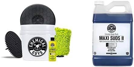 Chemical Guys CWS_1010BK Car Wash Detailing Bucket, Mitt & Accessories Bundle (6 Items) Featuring Maxi-Suds II Foaming Car Wash Soap, 128 oz (1 Gal), Grape Scent - Works on Cars, Trucks, SUVs, & More