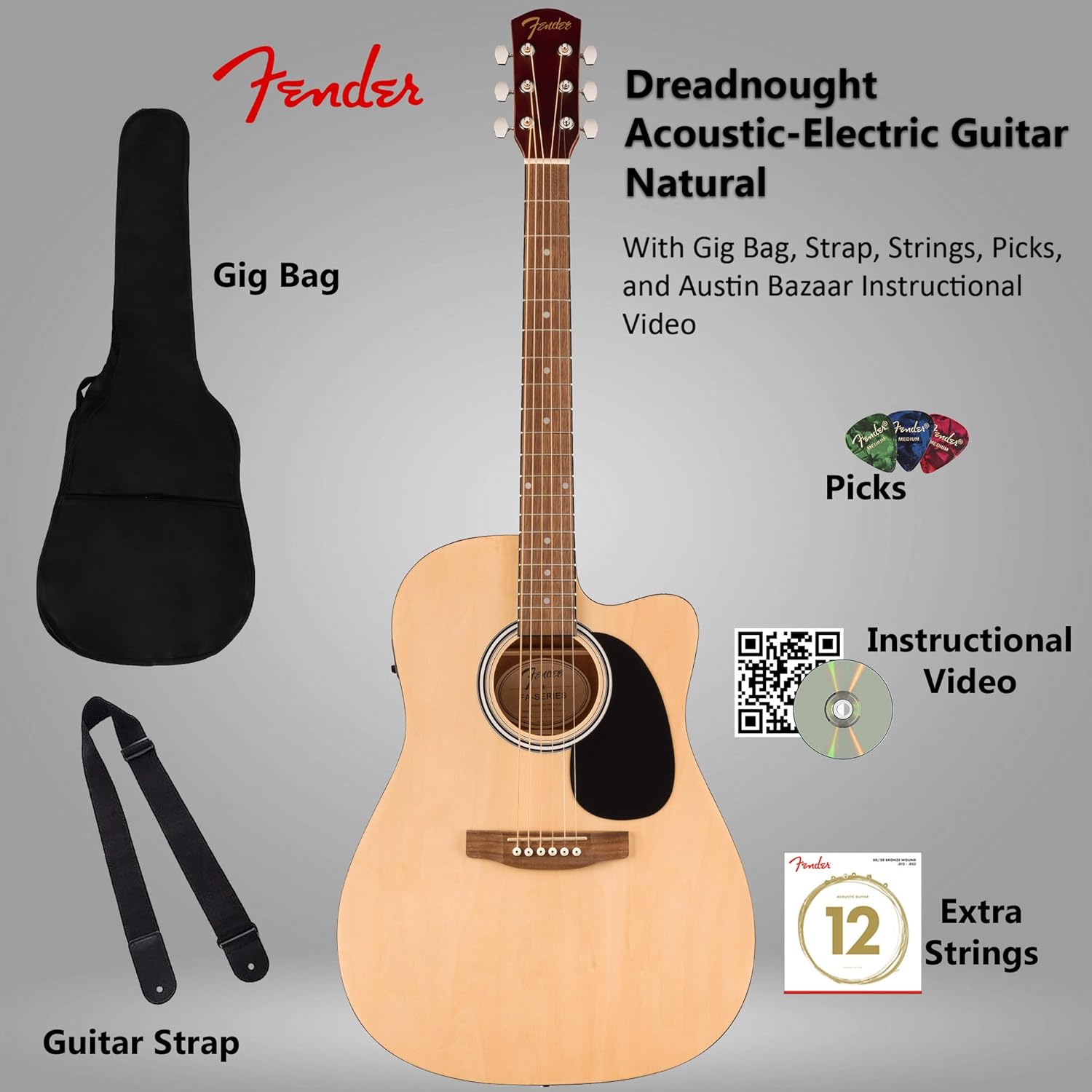 Fender FA Series Dreadnought Acoustic-Electric Guitar - Natural Bundle with Gig Bag, Strap, Strings, Picks, and Austin Bazaar Instructional DVD