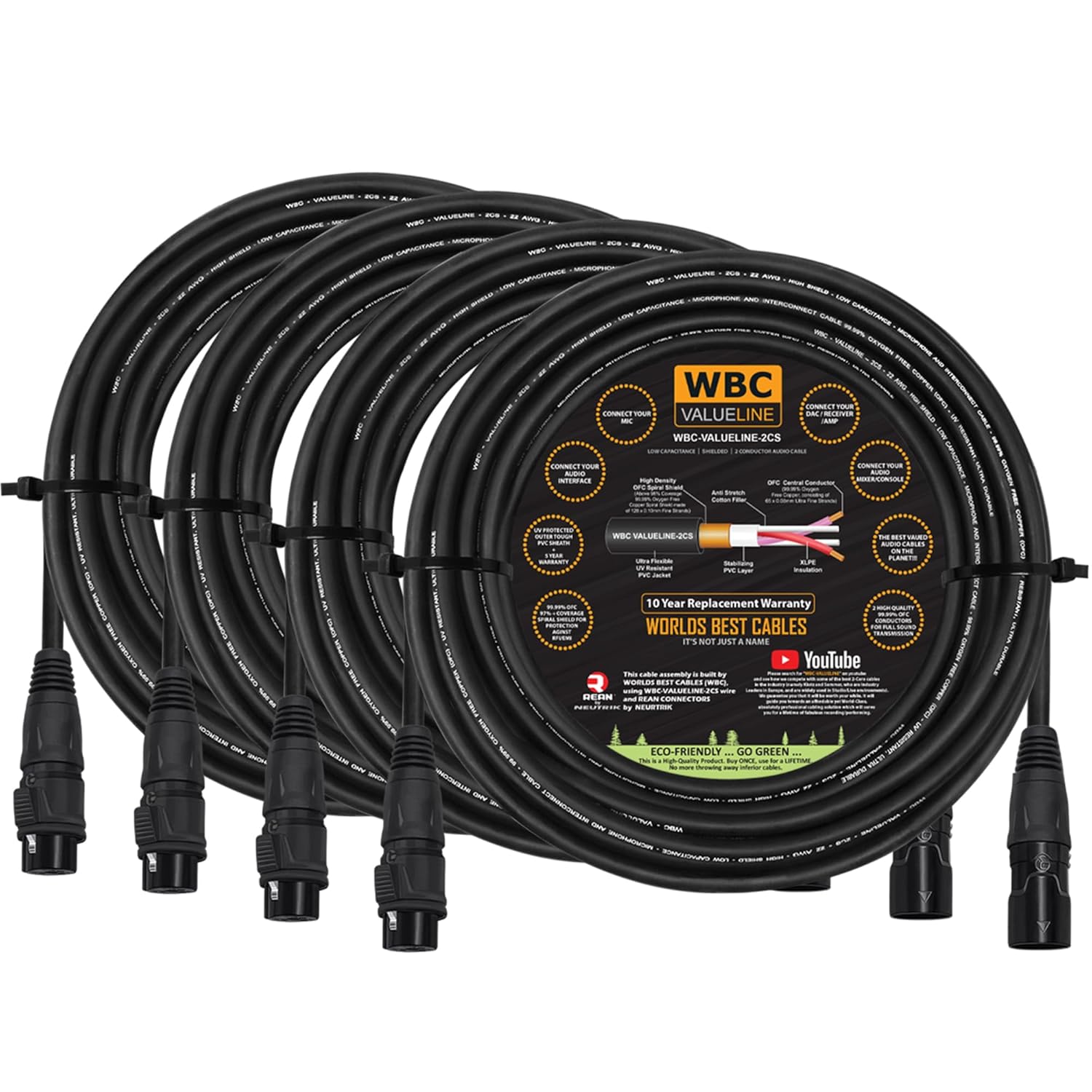 WBC-VALUELINE-2CS (22 AWG) - 4 Units - 30 Foot–Low-Capacitance Shielded Balanced Flexible Microphone, Active-Speaker & Interconnect Cables with Neutrik-Rean IP65 Rated Gold XLR Connectors