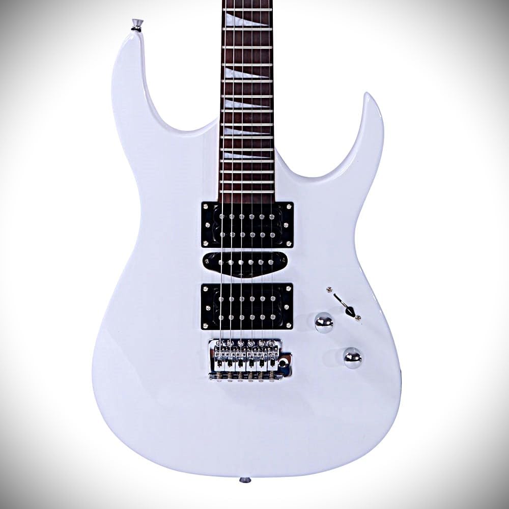 Dorill Full-Size Electric Guitar Package, White, 24-Fret Rosewood Fretboard, Maple Neck, Tremolo Bridge, with Gig Bag, Strap, Cable, Pick, Whammy Bar