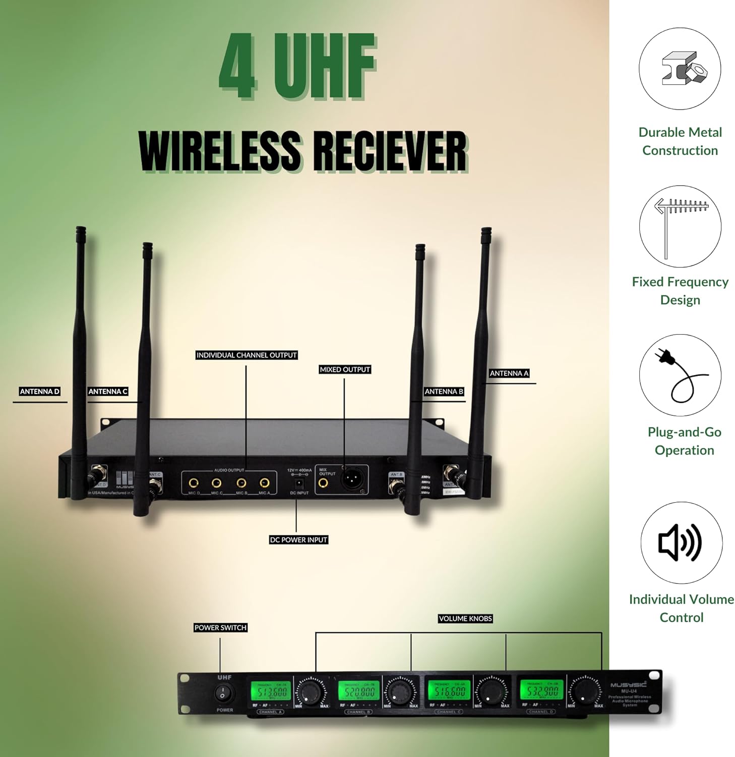 MUSYSIC U4LL 4-Channel Professional UHF Lapel/Lavalier & Headset Wireless Microphone System for Conference, Church, Party with Independent Volume Controls
