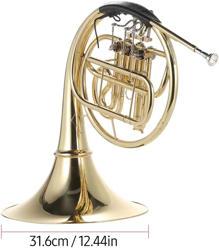Single Row Three Key French Horn, Brass Gold Lacquer French Horn with 3 Keys in Bb Mouthpiece Gloves Cleaning Cloth, for Student Beginner Teacher