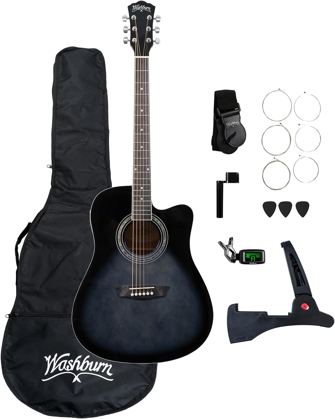 Washburn WA90CE Acoustic-Electric Guitar Kit – Dreadnought Cutaway, Built-In Tuner, Okoume Body – Perfect Holiday Gift for Adults, Beginners, Musicians & Live Performance