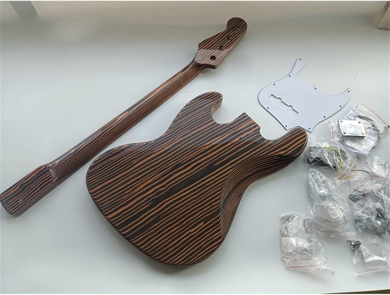 DIY Electric Guitar Kit 4 String Electric Bass Guitar Zebrawood Body and Zebrawood Neck and Fingerboard DIY Kit