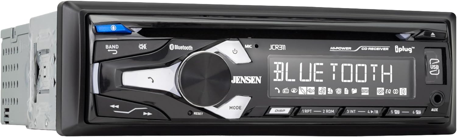 Jensen JCR311 10 Character LCD Single DIN Car Stereo Radio CD Player Push to Talk Assistant Bluetooth Hands Free Calling & Music Streaming AM/FM Radio USB Playback & Charging