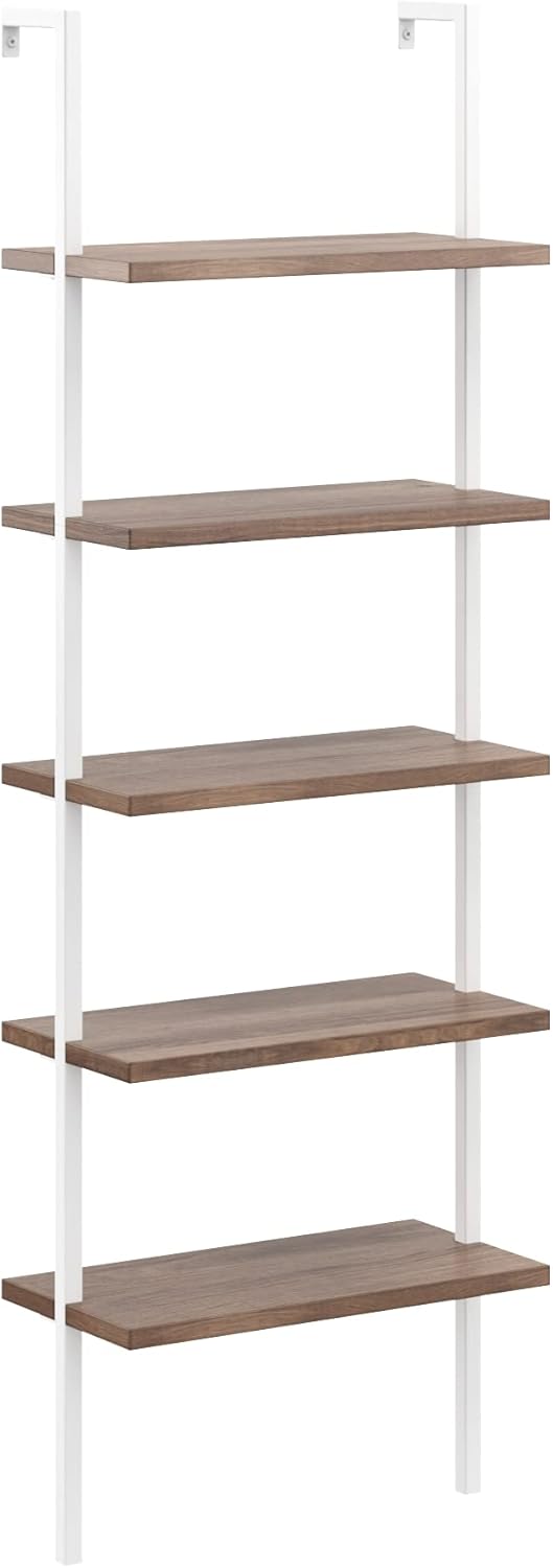 Nathan James Theo 5-Shelf Wood Modern Bookcase, Open Wall Mount Ladder Bookshelf with Industrial Metal Frame, Light Brown Oak/White