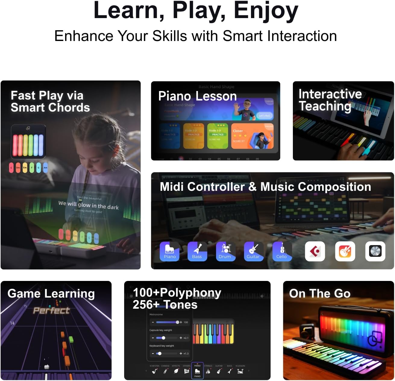 Smart Piano Keyboard,Rainbow LED Lights&Free Apps,Learning Portable Keyboard,256 Voices,100+ Auto Chords,MIDI Support,59-Key Digital Piano for Beginners,Gift for Birthdays or Holidays