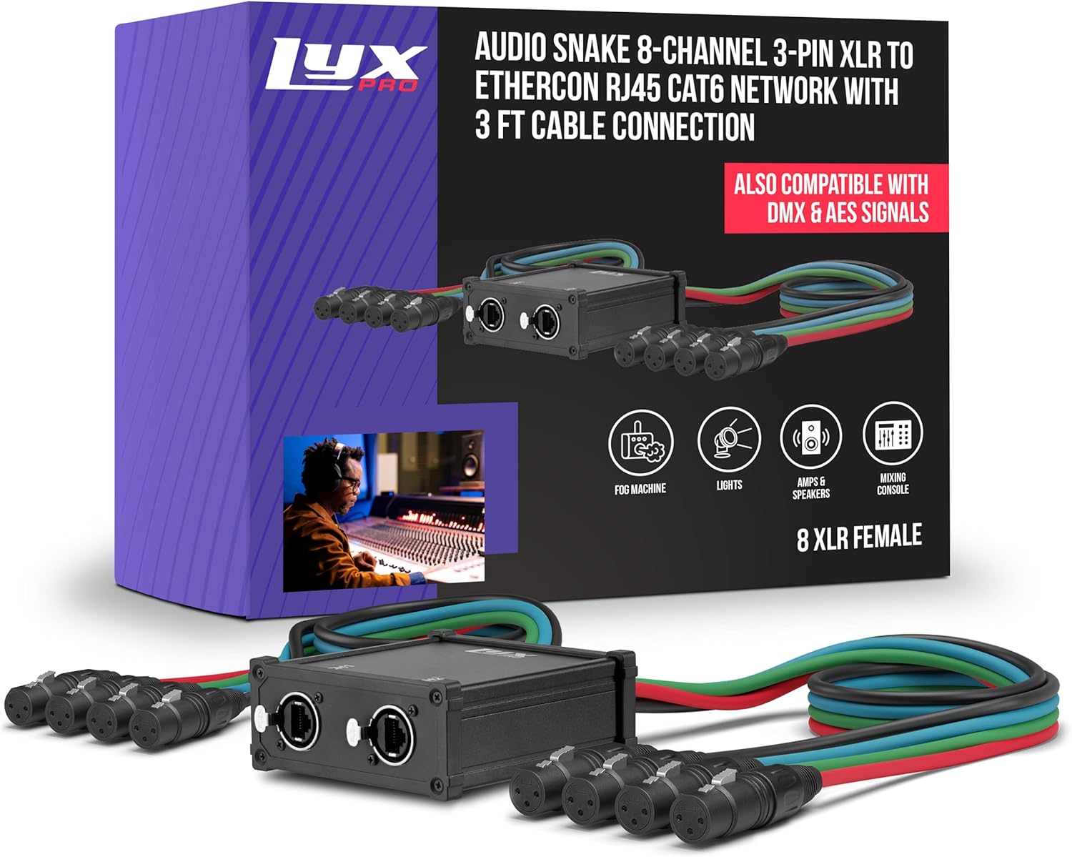 LyxPro 8-Channel Female XLR Audio Snake for Stage Sound, Studio, and Lighting, Multi-Network XLR to RJ45 Ethercon Adapter with Heavy-Duty Shield and 3-Foot Cable for Digital & Analog Signal Transfer