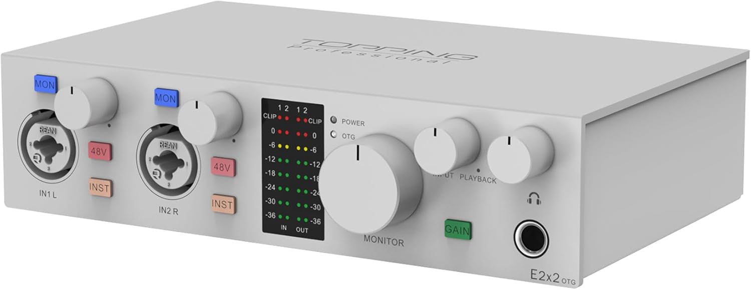 TOPPING E2x2 OTG USB Audio Interface - Ultra-Linear Preamp & Powerful Headphone Amp,Optical Output, Dual Mobile Streaming, Zero-Latency, 192kHz/24bit Recording, PC/Mobile Compatible(White)