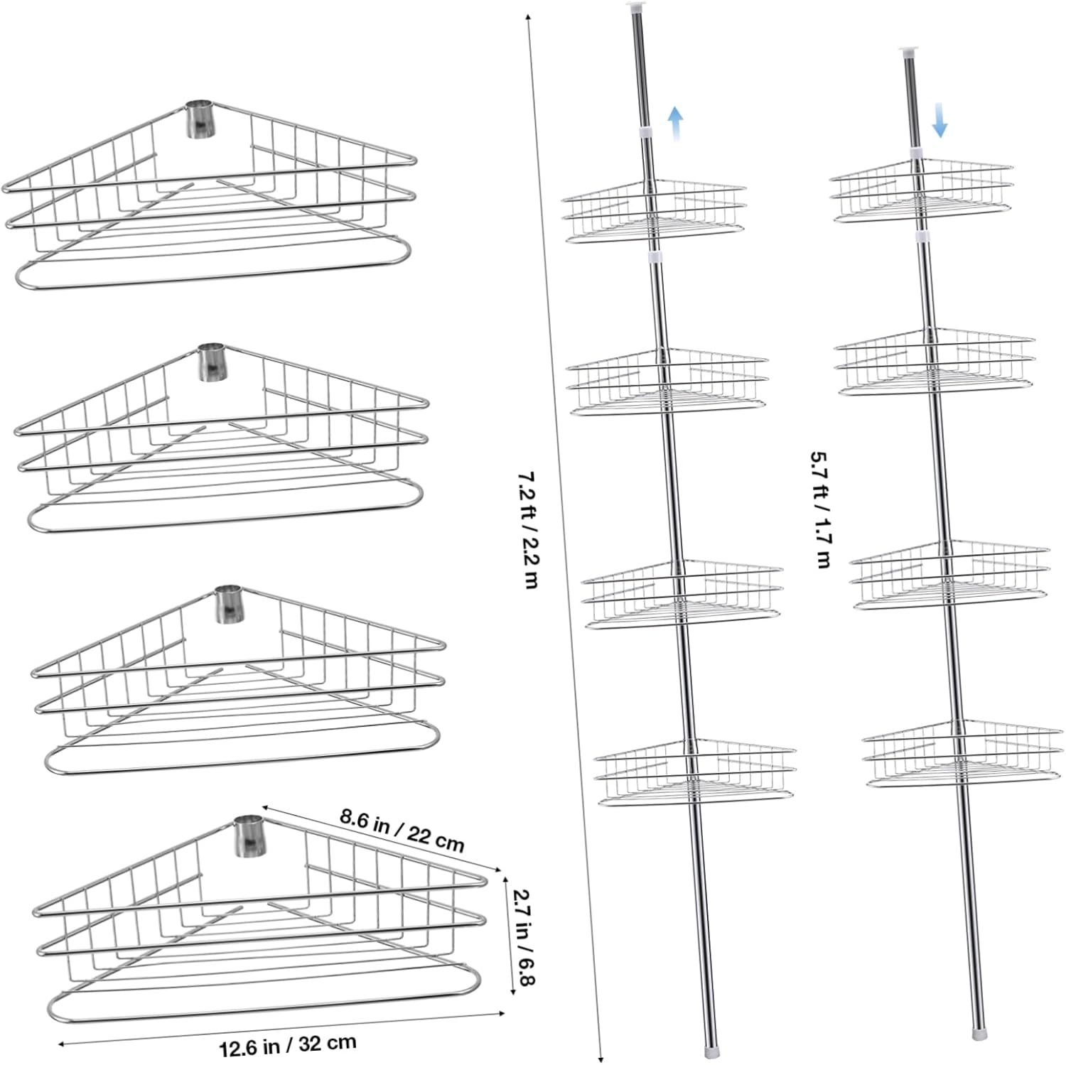 4tier Corner Shelf Rack Telescopic Shower Storage Organizer Wall Mount Bath Organizer