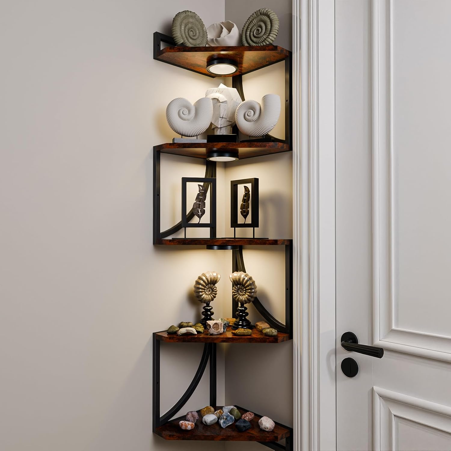 HAAYOT Corner Shelf Wall Mounted with Lights, 5-Tier Floating Metal Shelves for Living Room, Bedroom, Rustic Brown