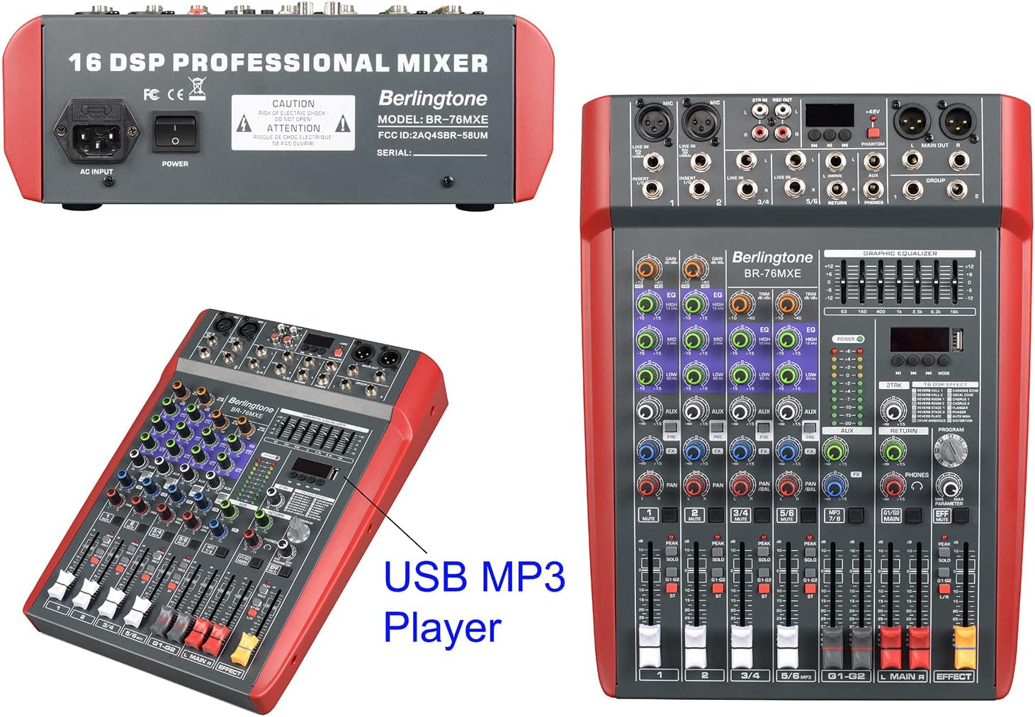 Professional 6 - Channel Bluetooth Studio Audio Mixer - DJ Sound Controller, USB Drive, PC Recording, RCA, XLR Microphone Jack, 7 Band EQ, 16BIT Digital Multi Effect Processor (BR-76MX)