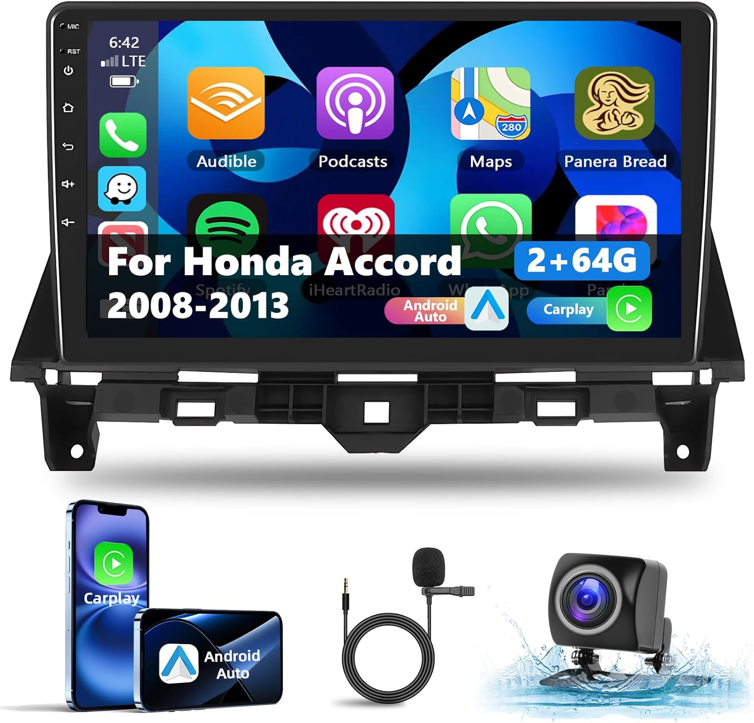 Podofo 2G+64G Car Stereo for Honda Accord 2008-2013 with Wireless Apple Carplay & Android Auto, 10 Inch IPS Touchscreen Car Radio with Bluetooth/GPS/WiFi/SWC/FM&RDS Radio + AHD Backup Camera + MIC