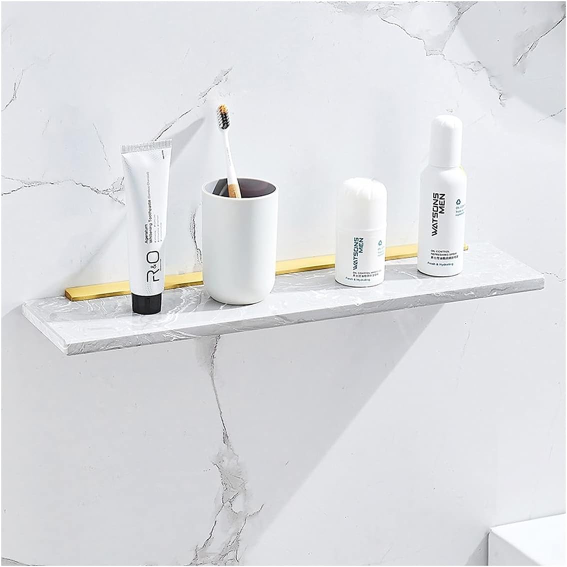 Shower Shelves Shower Room Shelf, Golden Bathroom Front Shelf, Marble Wall Mount Towel Rack Bathing Accessories (Color : 40CM White)