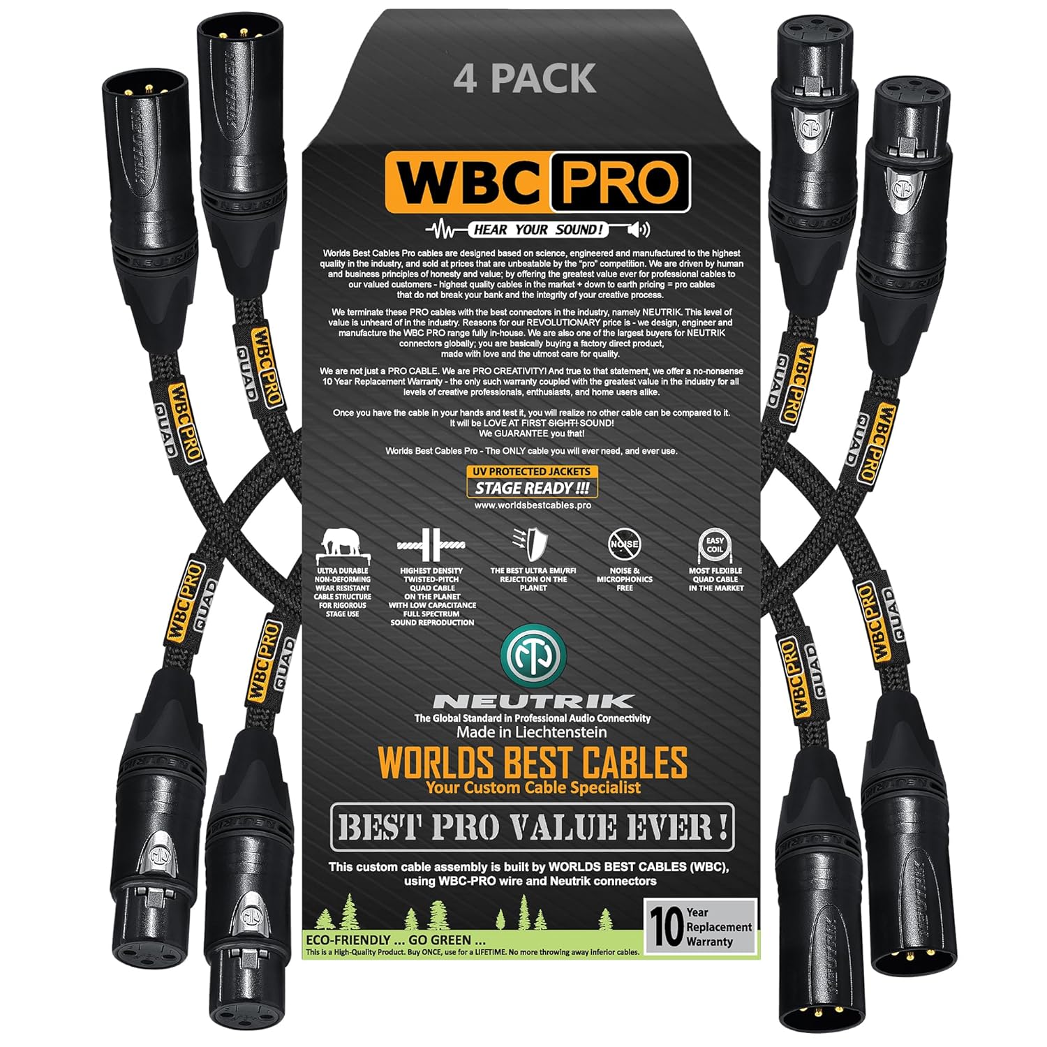 4 Units - 6 Inch - WBC-PRO-Quad Ultra-Silent Ultra-Flexible Balanced Star-Quad Cable with Neutrik Male & Female XLR Plugs & Black Tweed Jacket