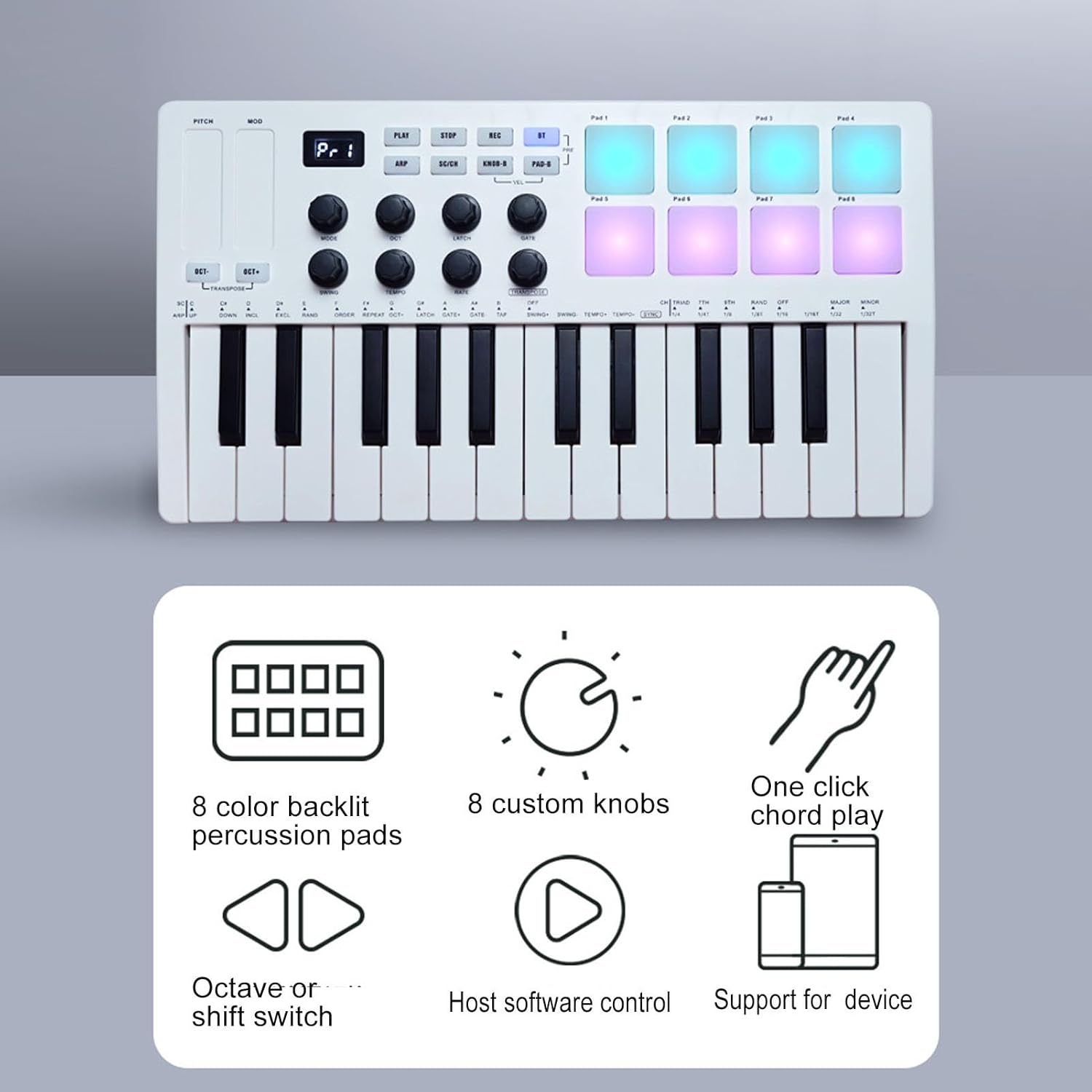 MIDI Keyboard Controller with 25 Keys, 8 RGB Pads, Smart Chord for Windows, OS X, IOS, Android