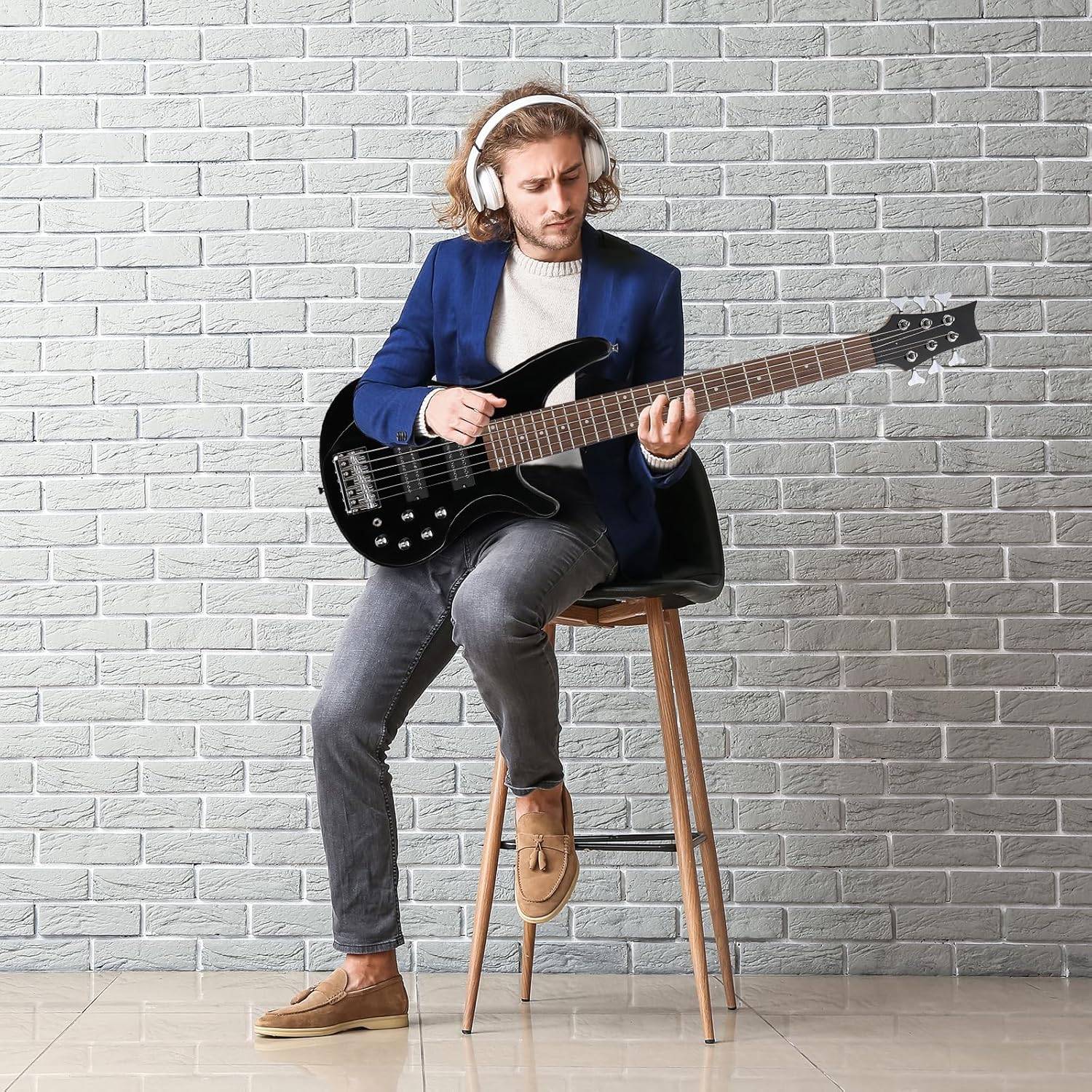 Ktaxon Bass Guitar 6 String Electric Bass Guitars, Beginner Bass Guitar with Professional H-H pickup, 3 Way Pickup Selector, Premium Cable, Unique Body Design for Beginner (Upgraded Black)