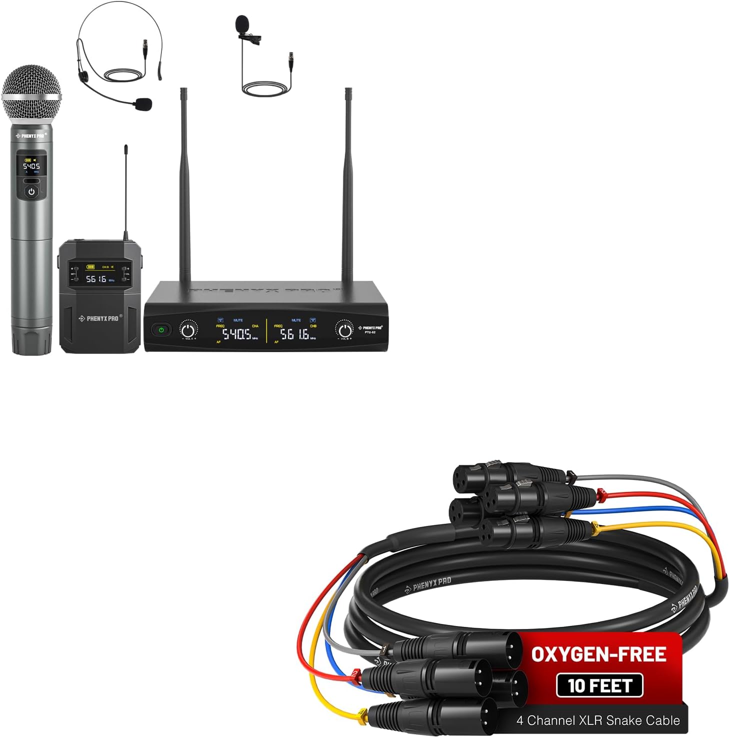Phenyx Pro UHF Wireless Handheld Microphone System PTU-52-1H1B Bundle with 10Ft XLR Snake Cable