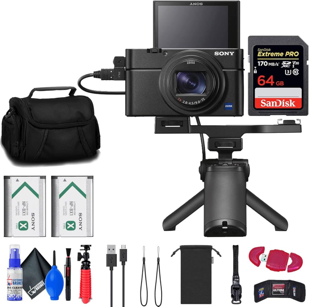Sony Cyber-Shot DSC-RX100 VII Digital Camera with Shooting Grip Kit (DSC-RX100M7G) + 64GB Memory Card + Case + Card Reader + Flex Tripod + Memory Wallet + Cleaning Kit (Renewed)