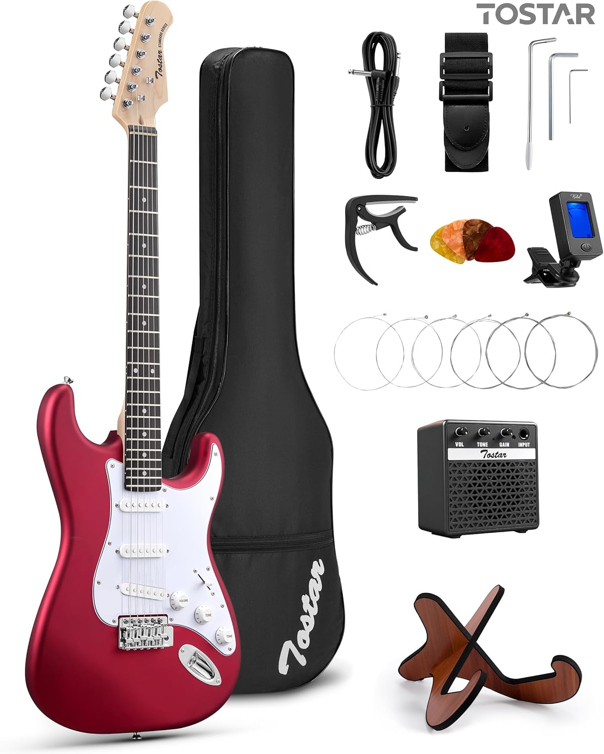 Tostar 39 Inch Full Size Electric Guitar Kit For Beginners And Adults,SSS Pickup Stratocaster Guitarra Electrica Set Includes Tremolo Bridge,Amp,Strings,Stand,Case Bag,Birthday Christmas Holiday Gifts