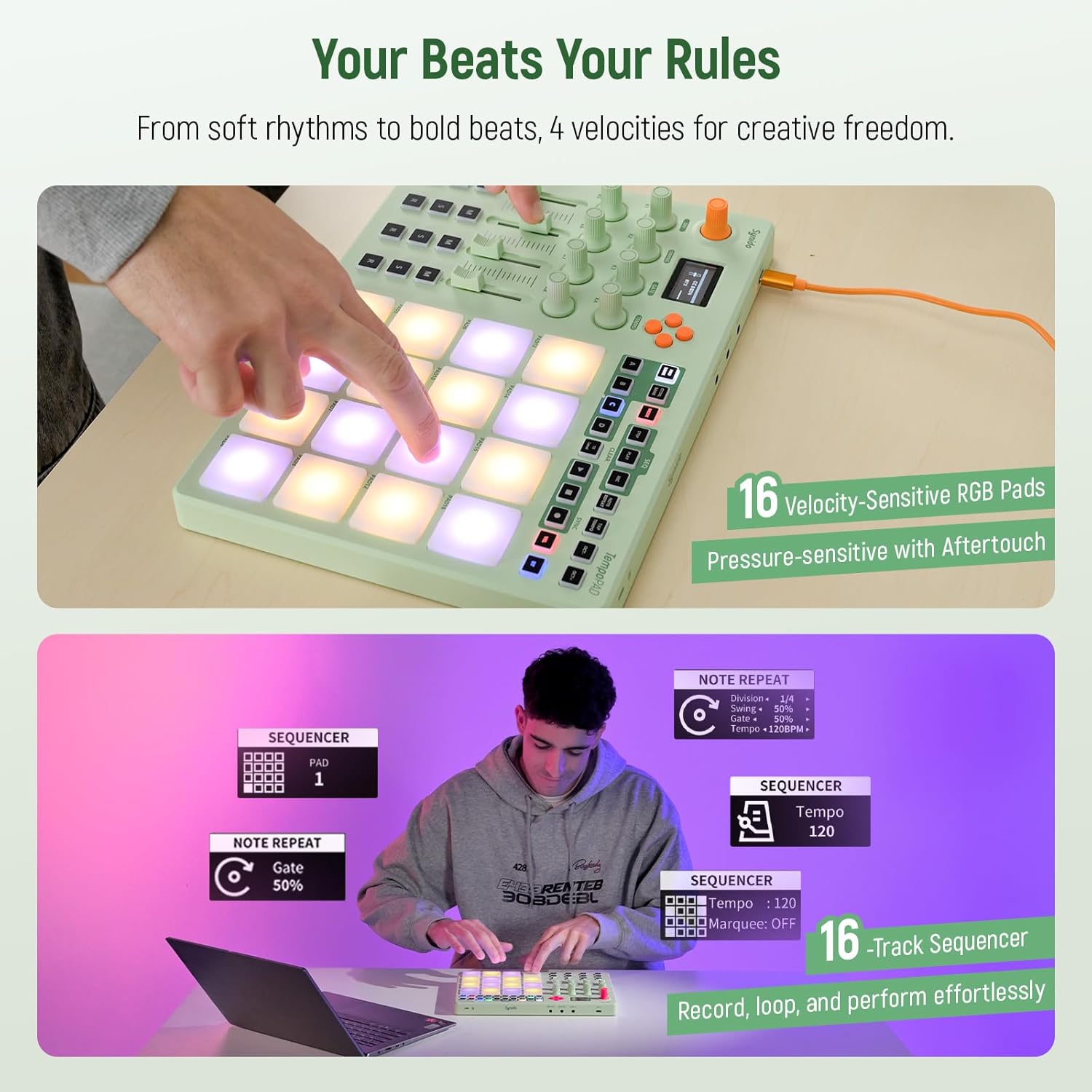 Midi Pad Controller, Portable Beat Maker Machine with Drum Pads, Beginners Beating Pad Velocity Sensitive, LED Display for Music Production (Wireless MIDI)