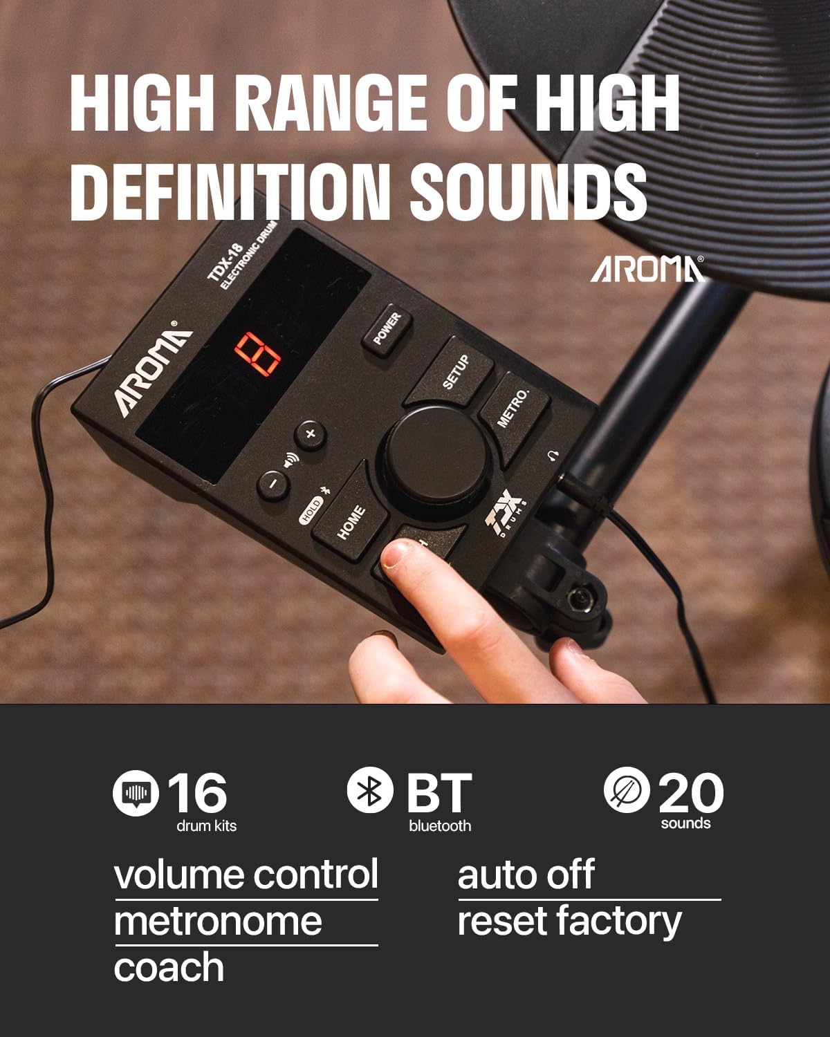 AROMA TDX-18 Electronic Drum Set with 4 Quiet Mesh Drum Pads, 2 Switch Pedal, Portable and Solid Drum Set with, Bluetooth, Drum Throne, Headphones and Sticks