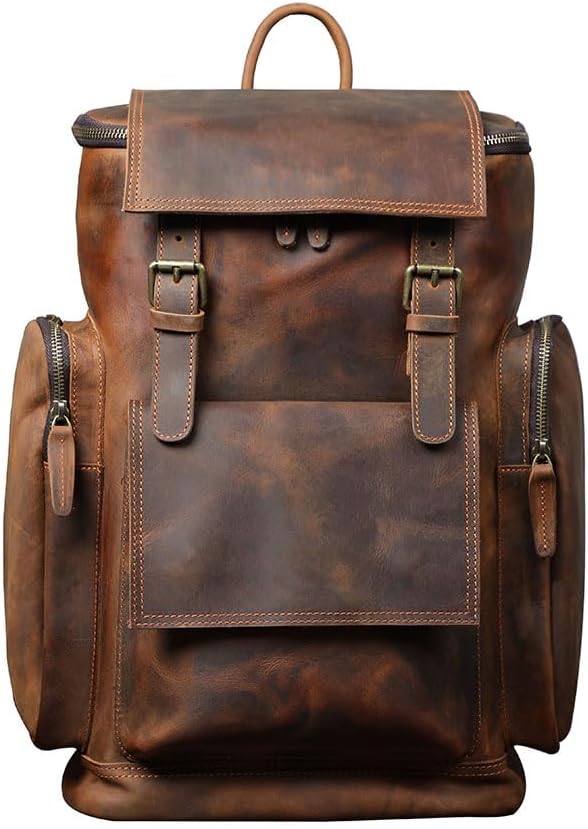 Vintage Genuine Leather Backpack Adjustable Straps Laptop Backpack Travel Knapsack Casual Daypack with Gift Box (Brown)