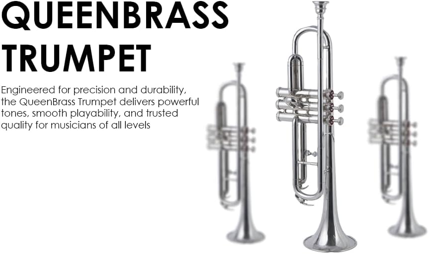 Queen Brass Bb Trumpet Chrome Finish Brass Body with 7C Mouthpiece and Hard Case for Beginners and Students Band Rehearsals School Performances Practice