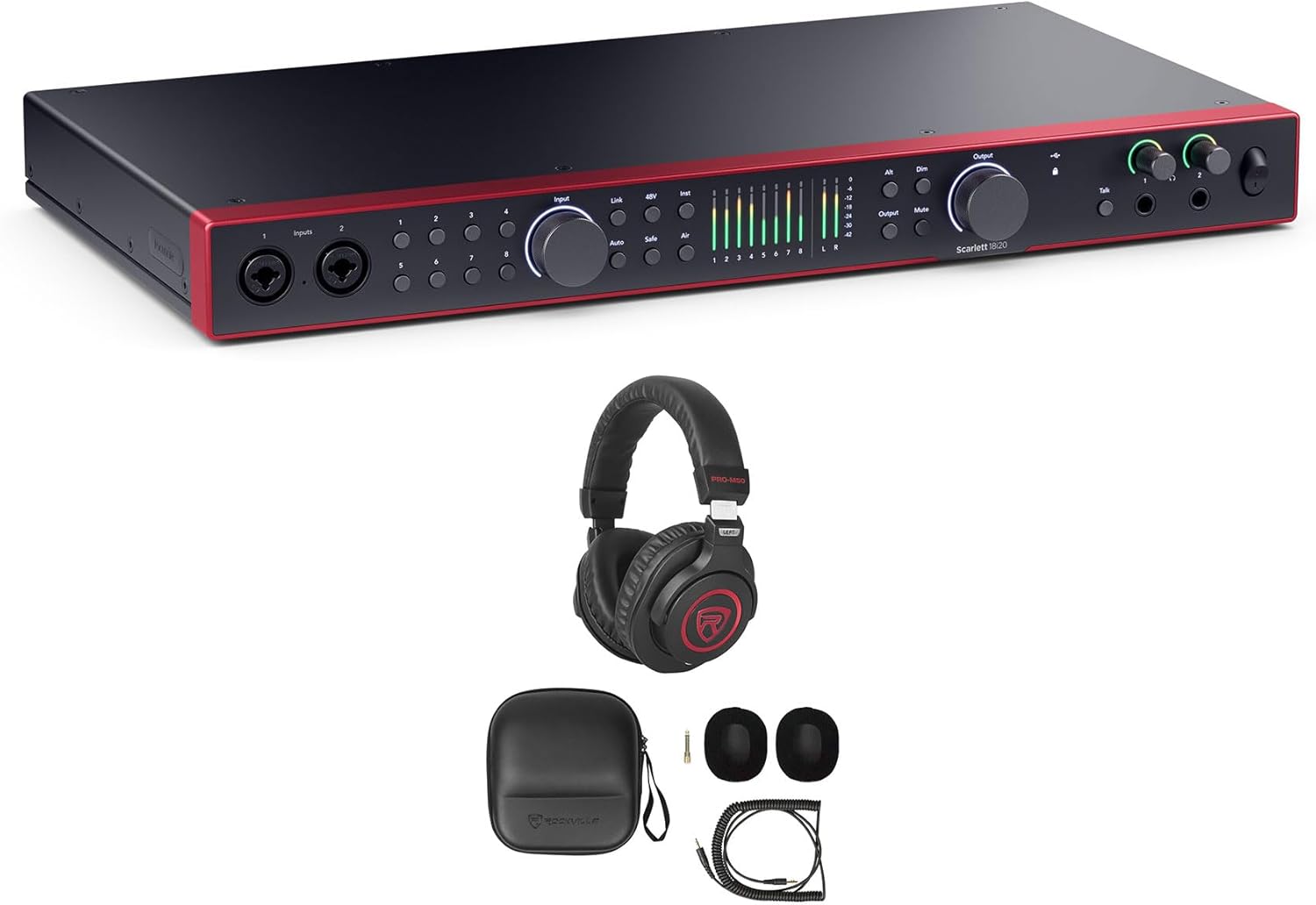 Audiosavings Bundle: SCARLETT 18I20 4G 4th Gen 24-bit 192 kHz Audio Recording Interface bundle with Rockville PRO-M50 SR Studio Headphones+Detachable Coil Cable+Case+Extra Ear Pad (2 items)