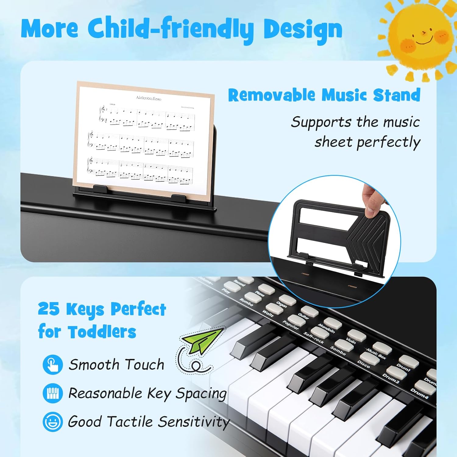 Costzon 25 Keys Kids Piano Keyboard, Mini Digital Piano Wooden Toy w/ Adjustable Speed & Volume, Teaching Mode, Removable Music Stand, Educational Music Instrument for Kids Aged 3+ (Black,with Stool)
