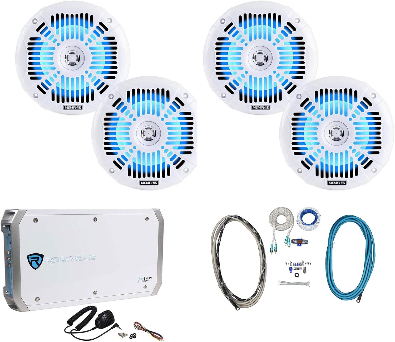 Memphis Pair Audio MXA602SLW 80w 6.LED Speakers for Compatible with Polaris RZR/ATV/UTV/Cart Bundle with Rockville RMWK4 Marine Amplifier and RXM-F4 Amplifier