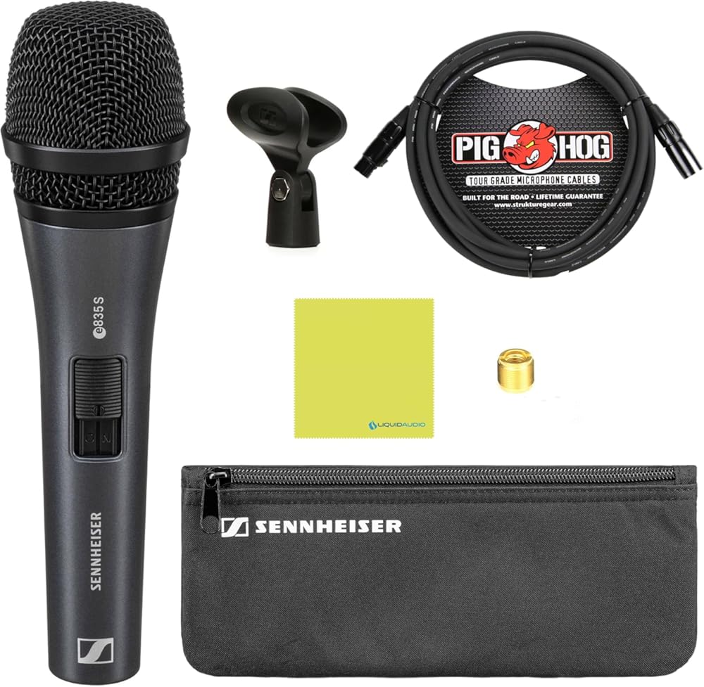 Sennheiser E 835-S Cardioid Dynamic Vocal Microphone Bundle w/Pig Hog PHM10 8mm Mic Cable Polishing Cloth