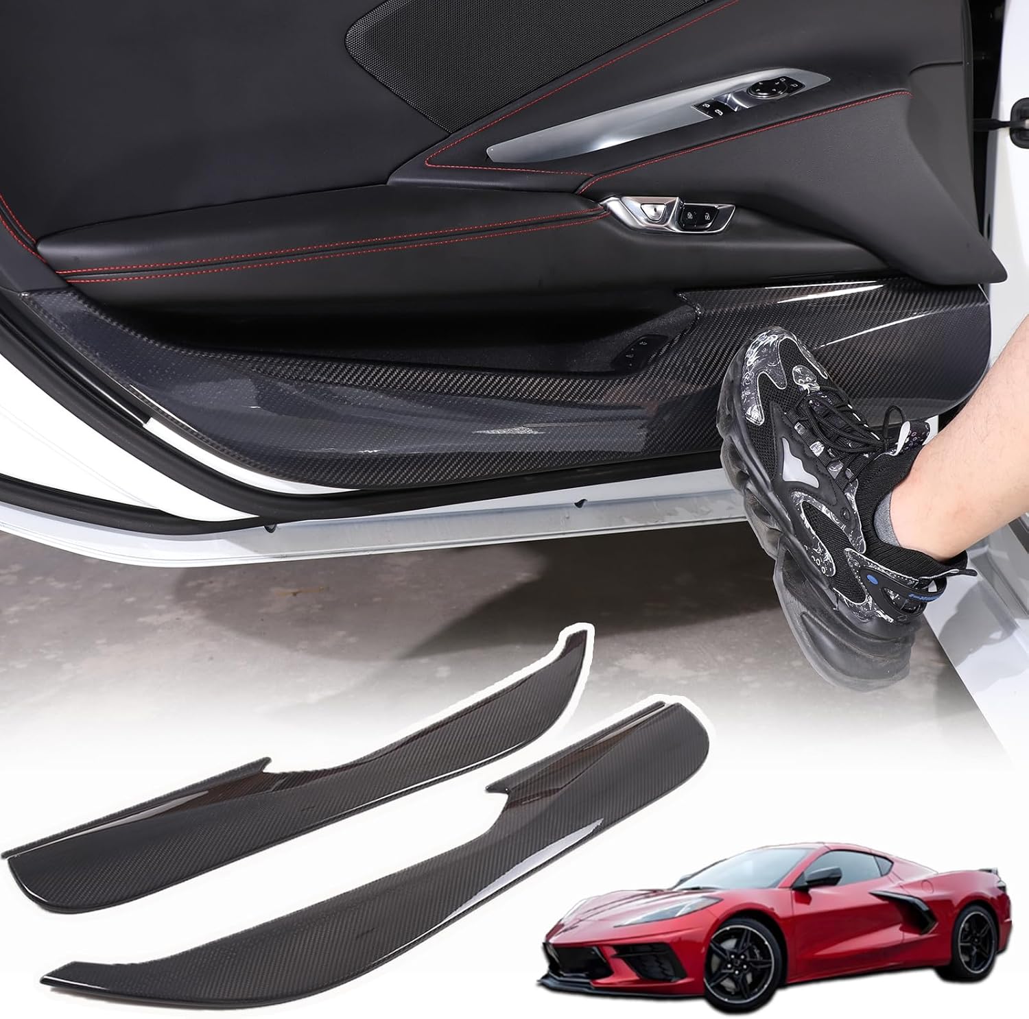 Car Door Anti Kick Cover Compatible with Chevrolet Corvette C8 2020-2024,Carbon Fiber Door Guard Side Edge Protector,Door Panel Anti-Collision Strips Cover Interior Accessories (Black Carbon)