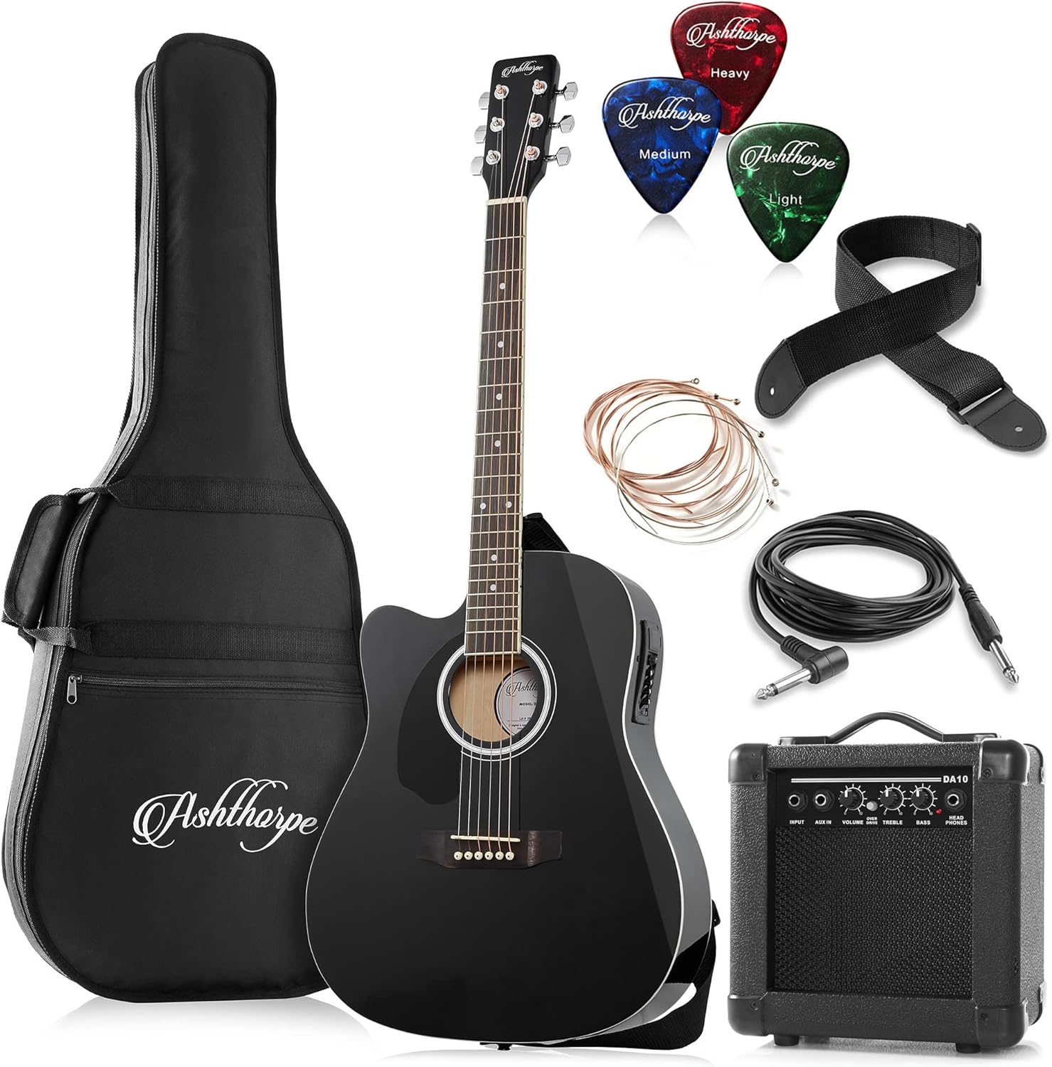 Ashthorpe Left Handed Full-Size Dreadnought Cutaway Acoustic Electric Guitar Package with 10 Watt Amp - Black