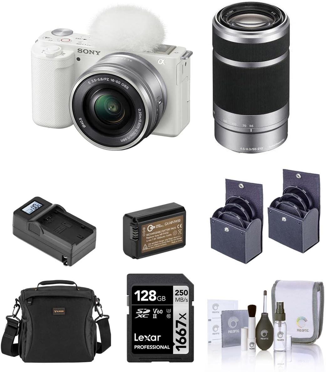 Sony ZV-E10 Mirrorless Vlog Camera with 16-50mm Lens, Black - Bundle with E 55-210mm f/4.5-6.3 OSS Lens, 128GB SD Card, Shoulder Bag, Extra Battery, Charger, 49mm & 40.5mm Filter Kit, Cleaning