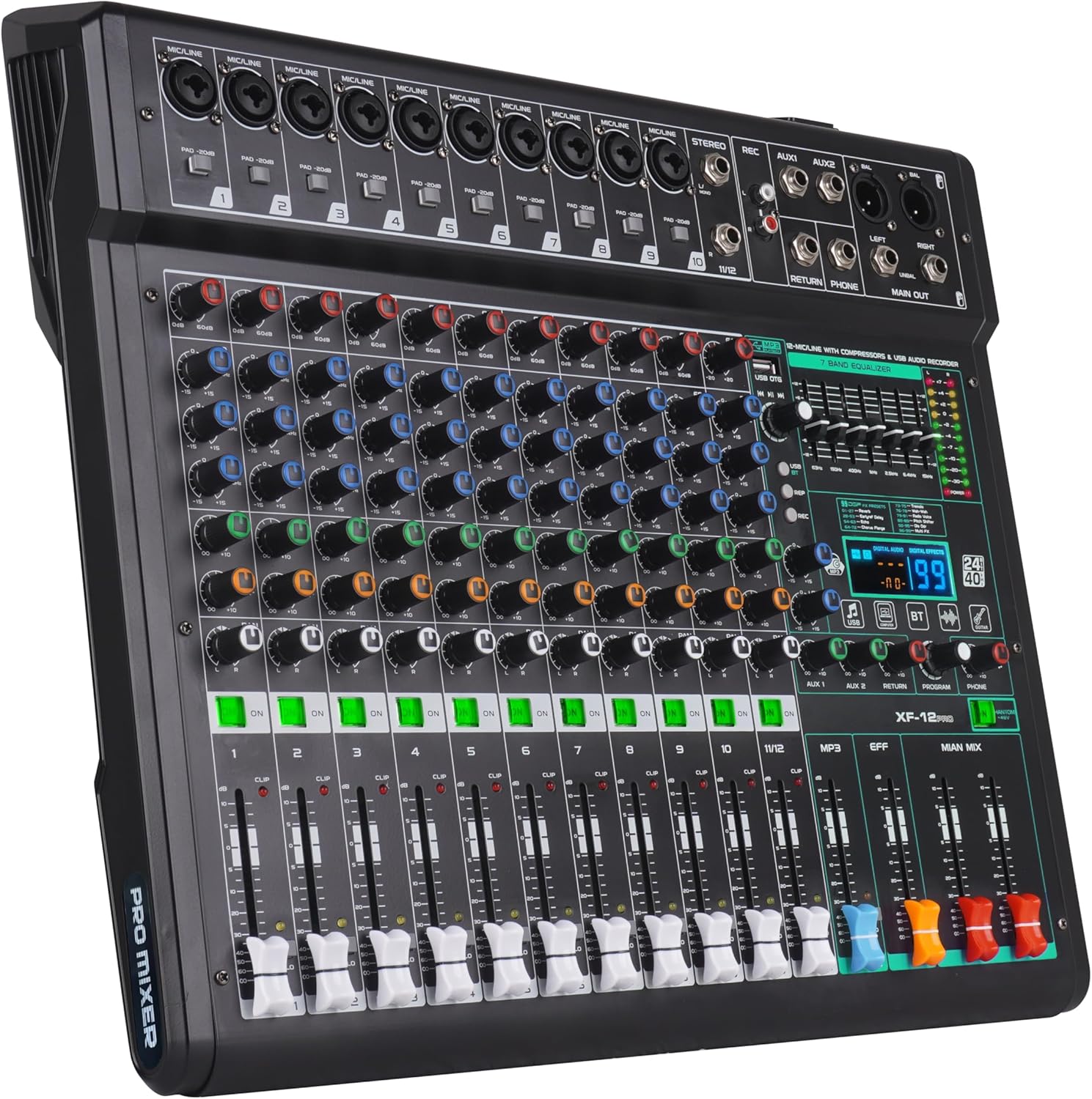 12-Channel Audio Mixer with 99 Sound Effects for PC,Portable Sound Mixing Console with Bluetooth USB Recording Input for Live Streaming,Podcasting,DJ Show (12-channel)