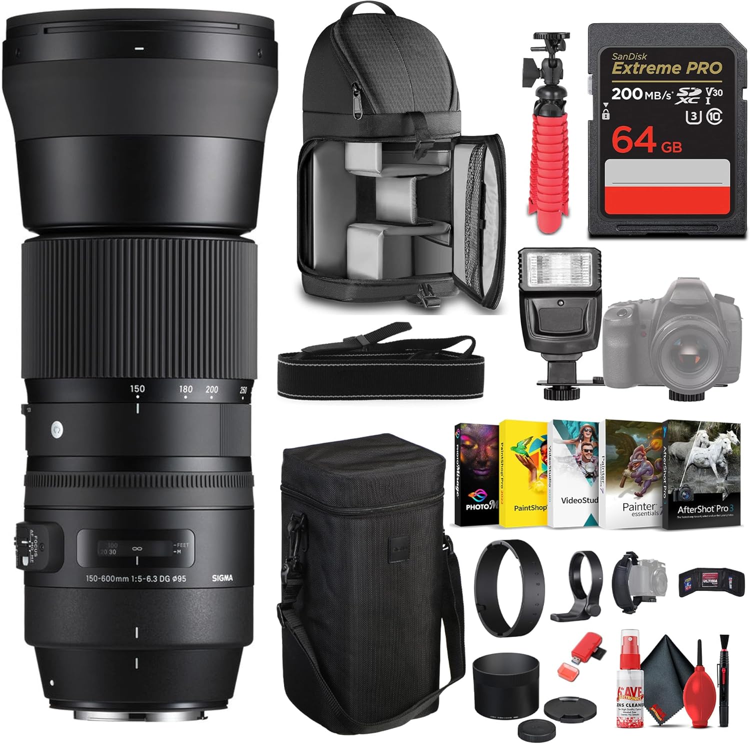 Sigma 150-600mm f/5-6.3 DG OS HSM Contemporary Lens for Canon EF Bundle Includes: Backpack, Flash, Memory Card, Card Wallet, 12 inch Tripod, Cleaning Kit, Blower Brush, Lens Pen, Neck Strap + More